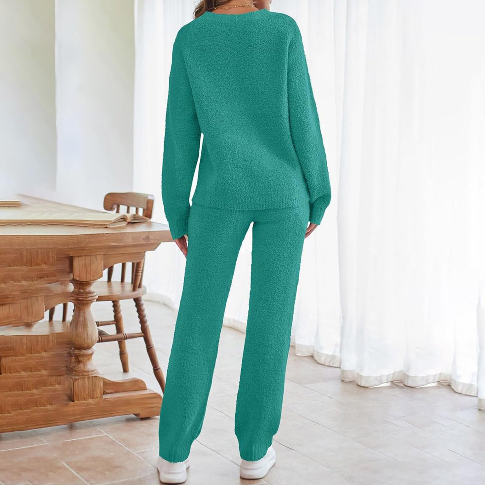 Pigiama lungo da donna, morbido e caldo, set di biancheria da notte in pile, 2 pezzi, maglioni e pantaloni di peluche con coulisse, tinta unita, per il tempo libero, comodo locker