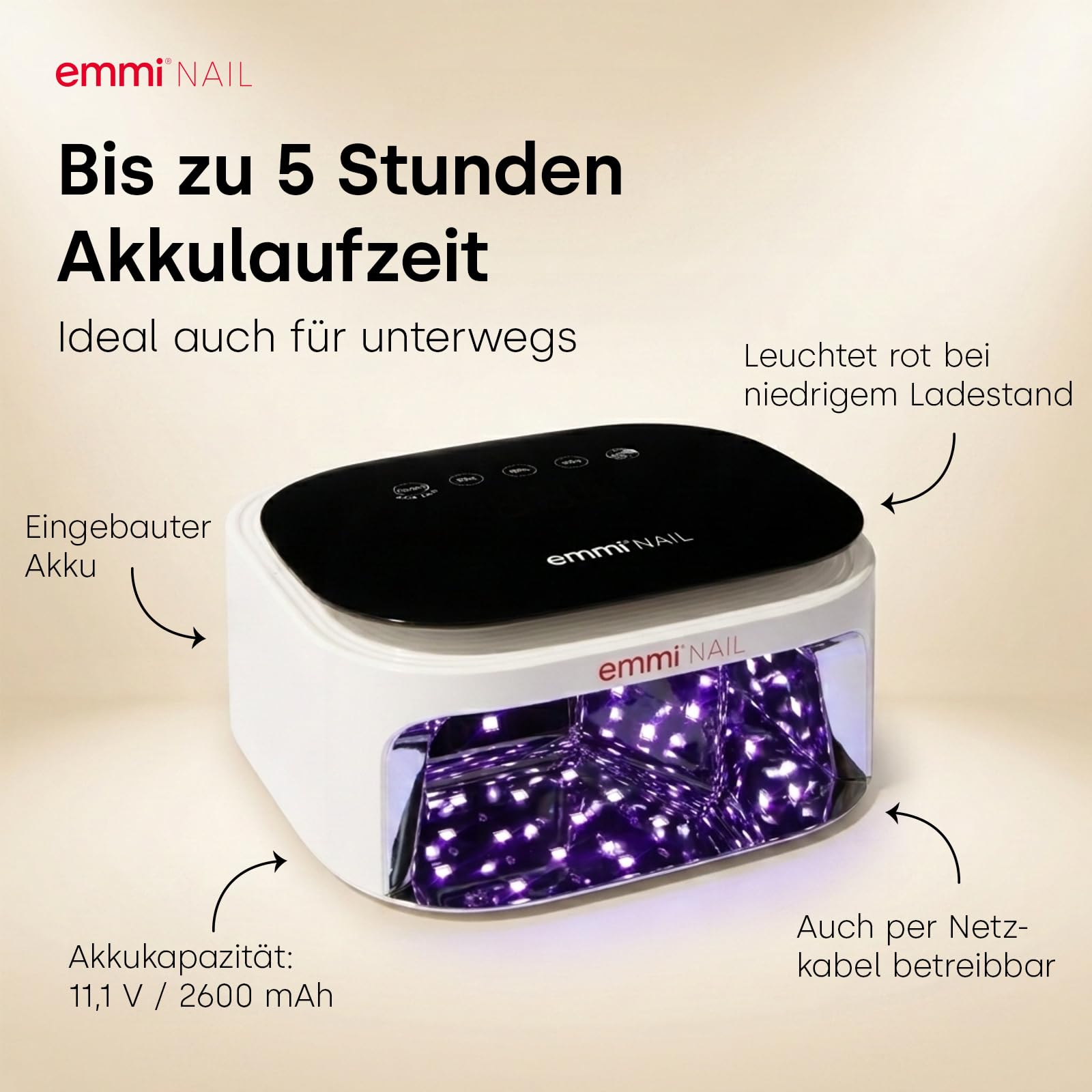 Emmi-Nail LED Lampe Akku White, UV/LED Nagellampe für Gelnägel, 24/48 Watt | Kabelloses UV/LED Lichthärtungsgerät für Gele & Lacke, 30 LEDs, Timer, Start-Sensor, Low-Heat & abnehmbare Bodenplatte