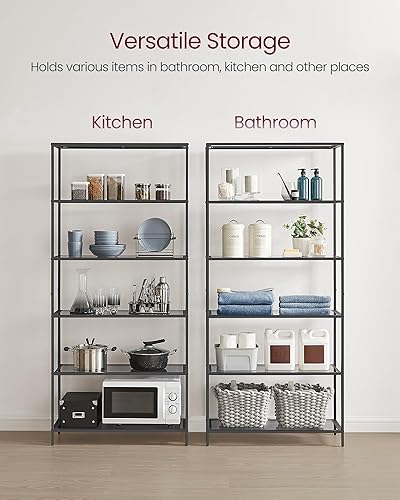 Miniatura 4 de VASAGLE Estantería de 6 niveles, estantería delgada para dormitorio, baño, oficina en casa, vidrio templado, marco de acero, tinta negra y gris