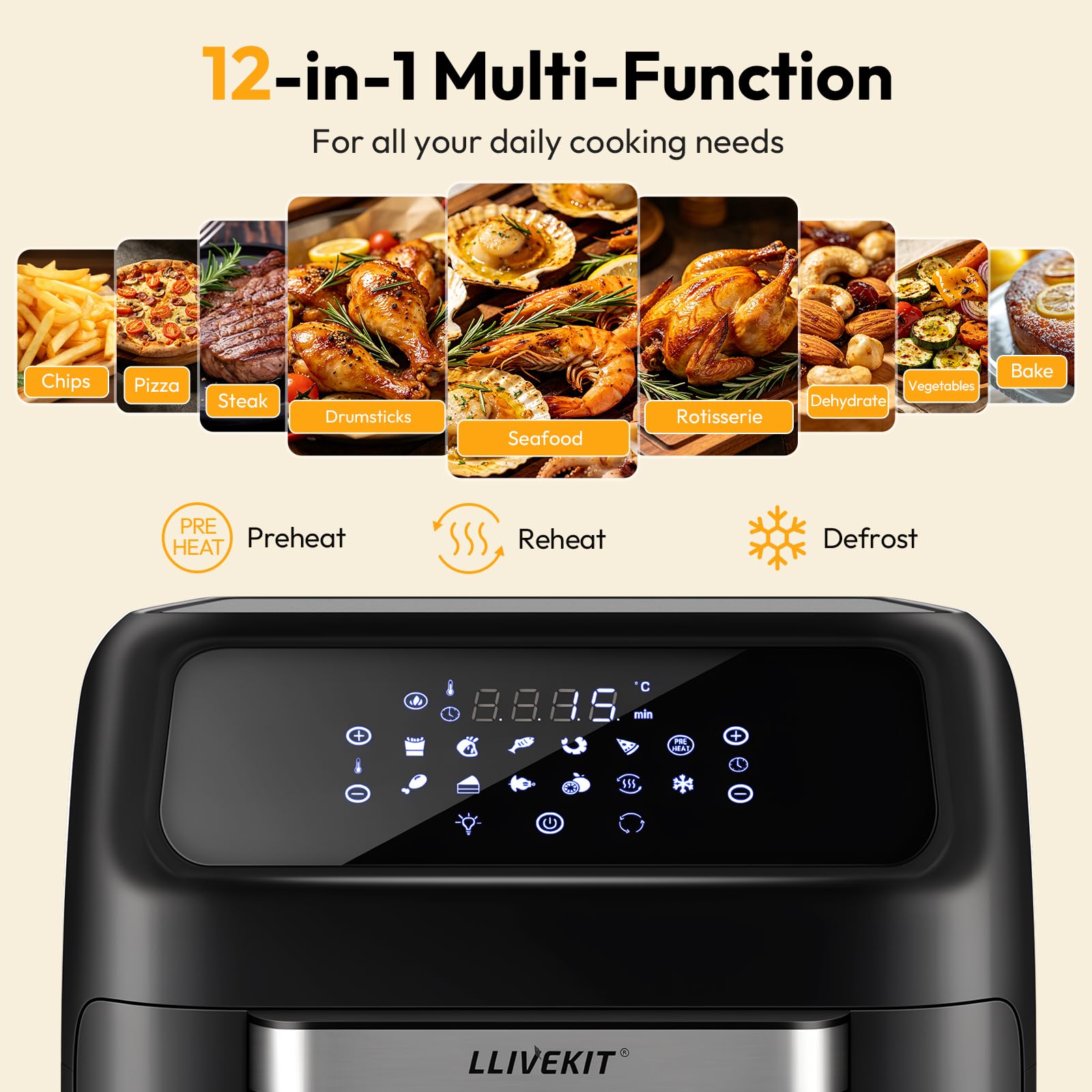 LLIVEKIT Frytkownica na gorące powietrze, piekarnik na gorące powietrze 12 l, mini piekarnik, 1800 W, piec na gorące powietrze z cyfrowym ekranem LED, odwadniacz owoców, grill