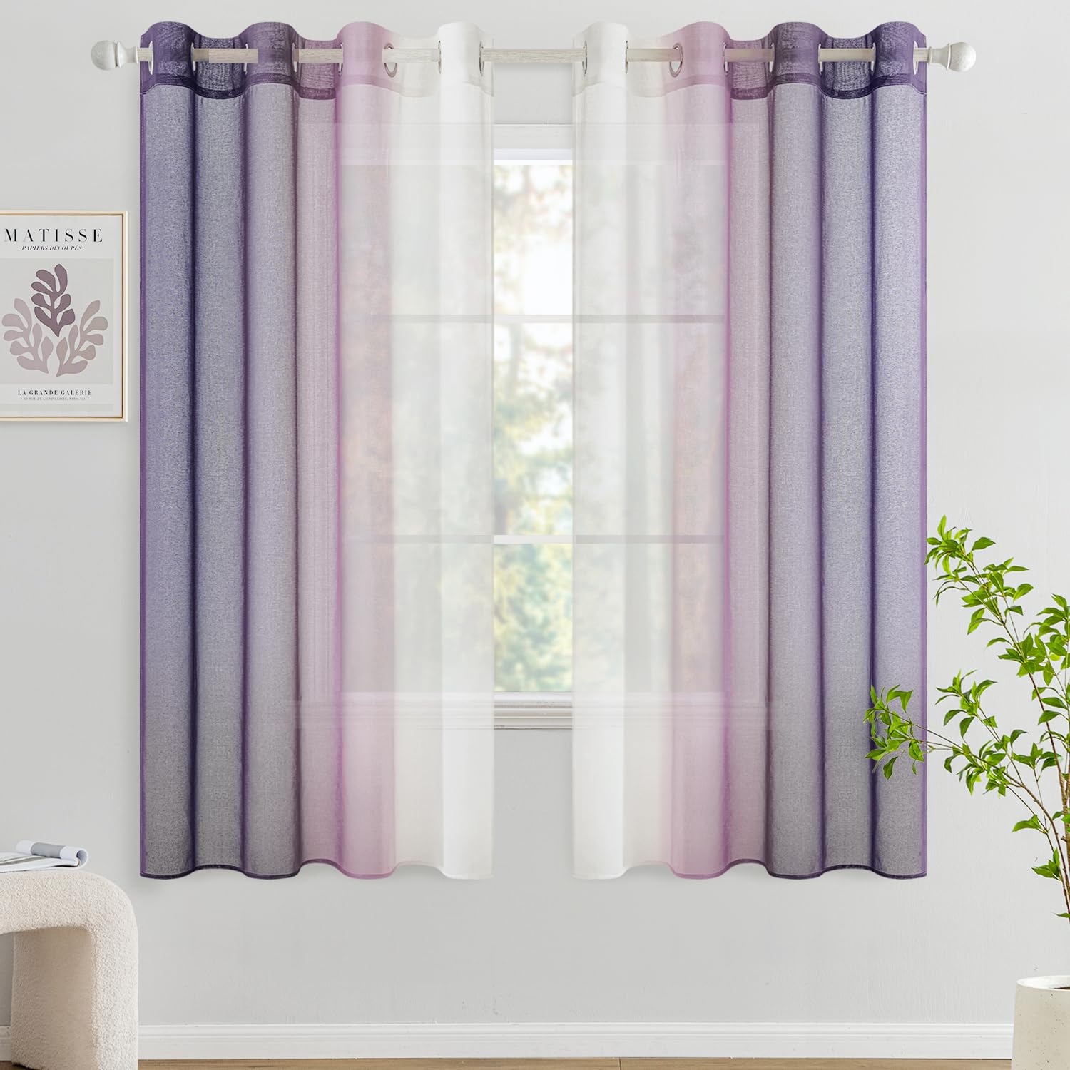Woaboy Short Curtain Translucent Window Curtain Bedroom Curtain with Eyelets Modern Decorative Polyester Gradient Gradient Curtains for Bedroom Living Room 2 Pieces 140 x 175 cm Violet