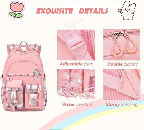 Miniatura 5 de Mochila para niñas, mochila escolar linda para niñas, niños y adolescentes, mochila Kawaii para primaria, Rosa, Mediana, Mochilas Tradicionales