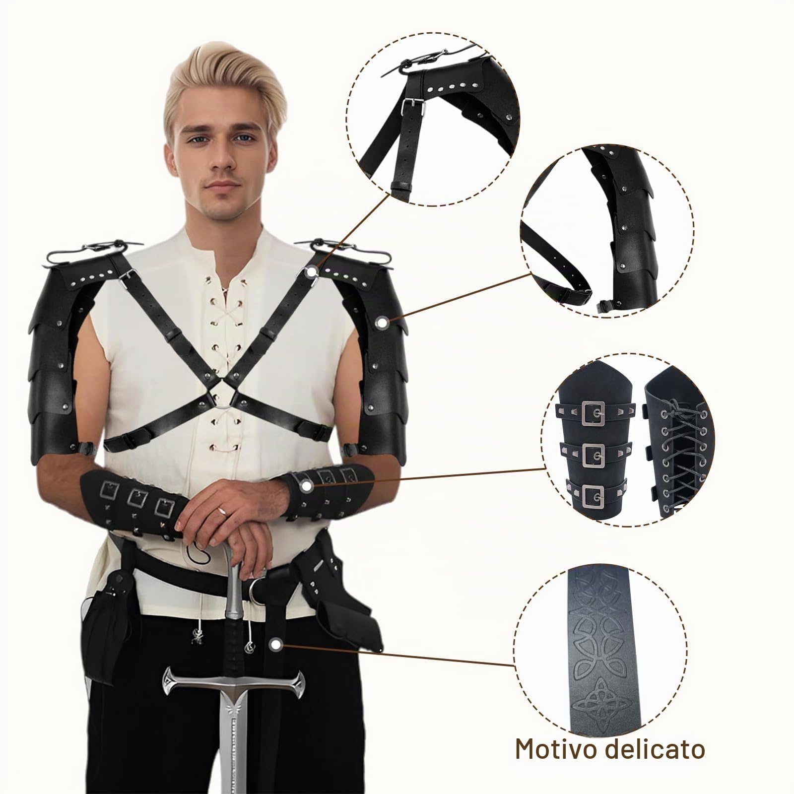 7 Pezzi Costume Medievale, Set di Abbigliamento Medievale da Uomo e Donna Costume Vichingo Accessori Costumi Medievali Rinascimentali per Accessori Pirata Halloween Carnevale Cosplay