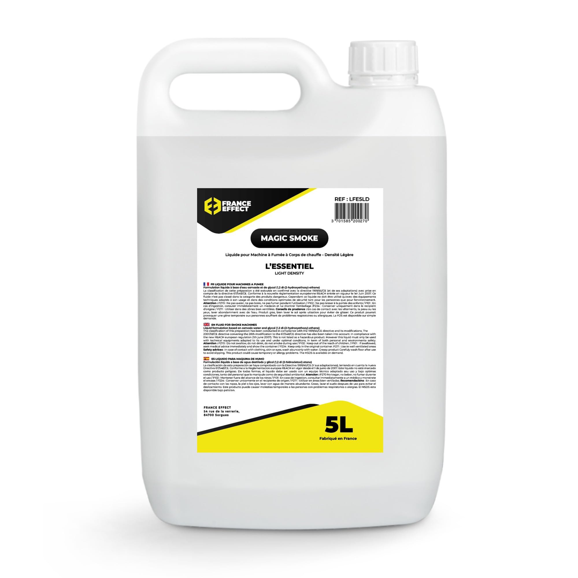 France Effect Liquido per macchina del fumo - L'ESSENZIEL (LIGHT) - Magic Smoke® 5L - Fumo leggero, inodore ed economico. Prodotto in Francia.
