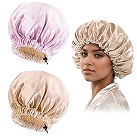 Vista 12 de Gorro de seda de satén para cabello rizado, gorro trenzado para dormir, para mujer, grande, doble capa ajustable