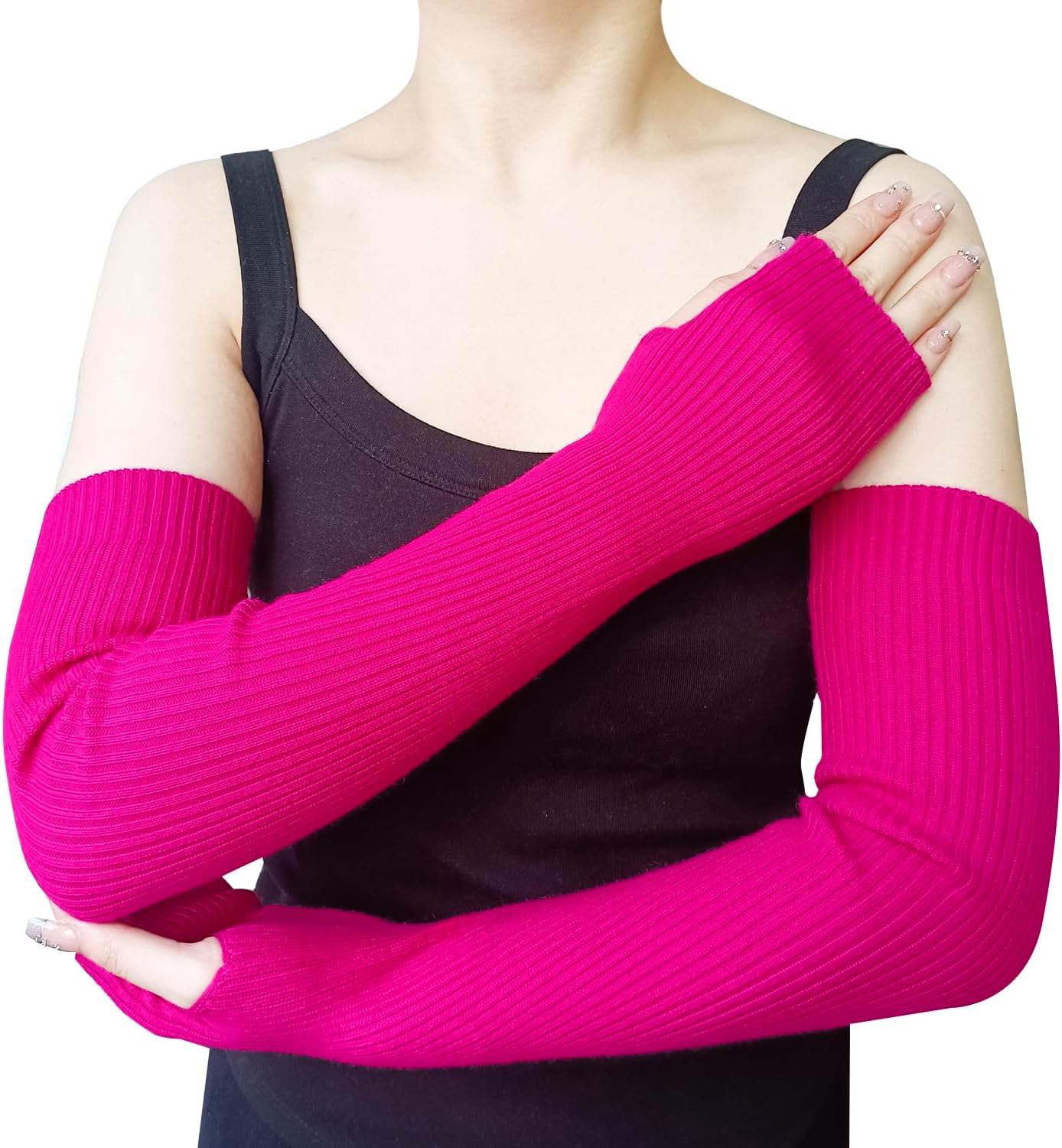 Share Maison Women’s Cashmere Wool Arm Warmers With Thumb Hole, 20” Long Fingerless Gloves, Soft Knit Wrist Warmer Sleeves