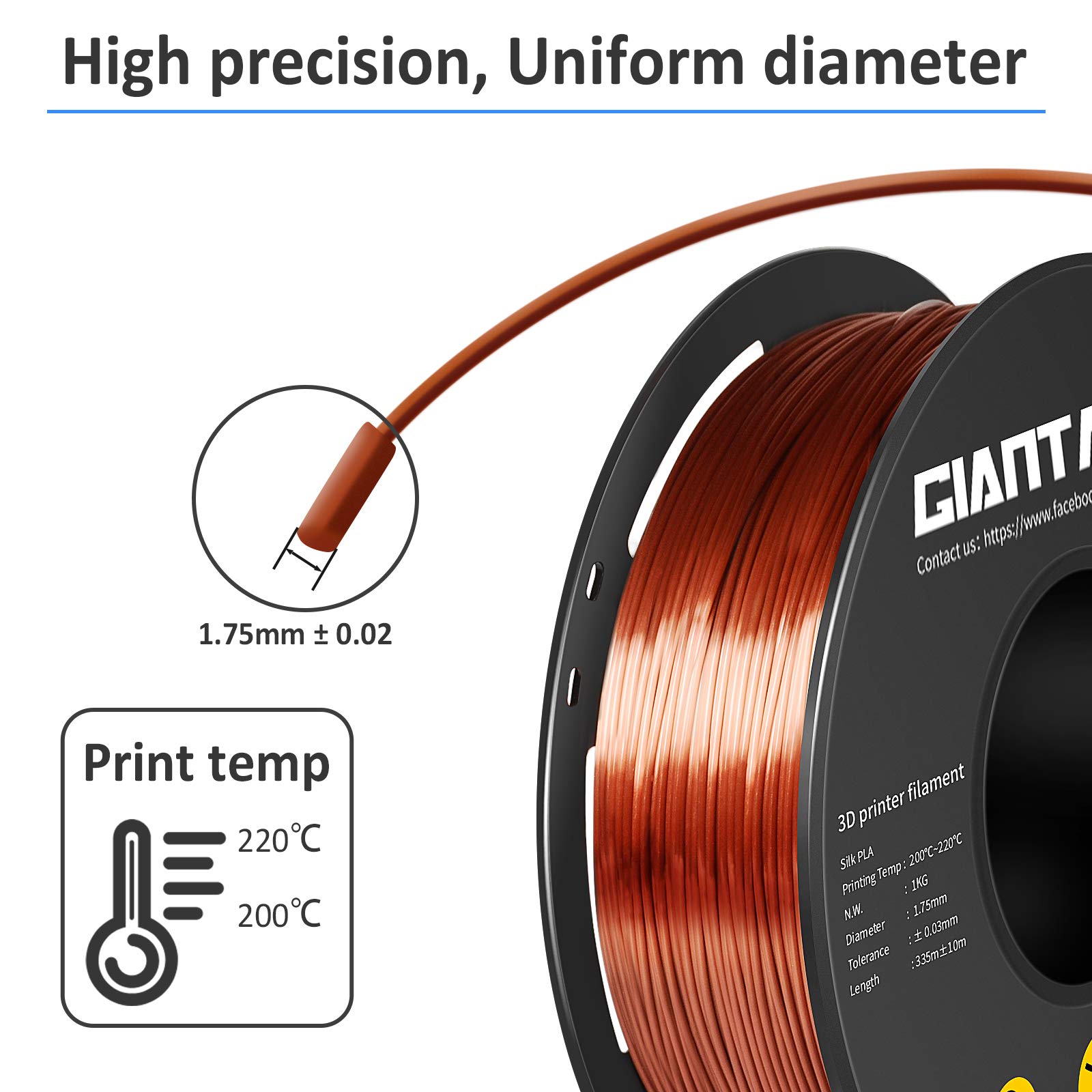 GIANTARM Filamento PLA 1.75mm Silk Rame, Stampante 3D PLA Filamento 1kg Spool