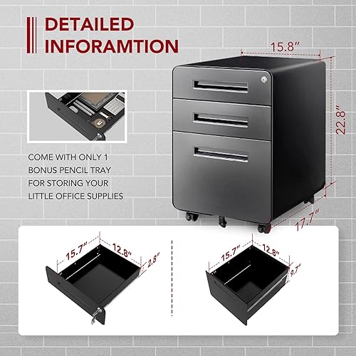 Miniatura 9 de SANODESK Archivador móvil de 3 cajones para archivadores de oficina en casa para almacenamiento debajo del escritorio diseño de esquina redonda