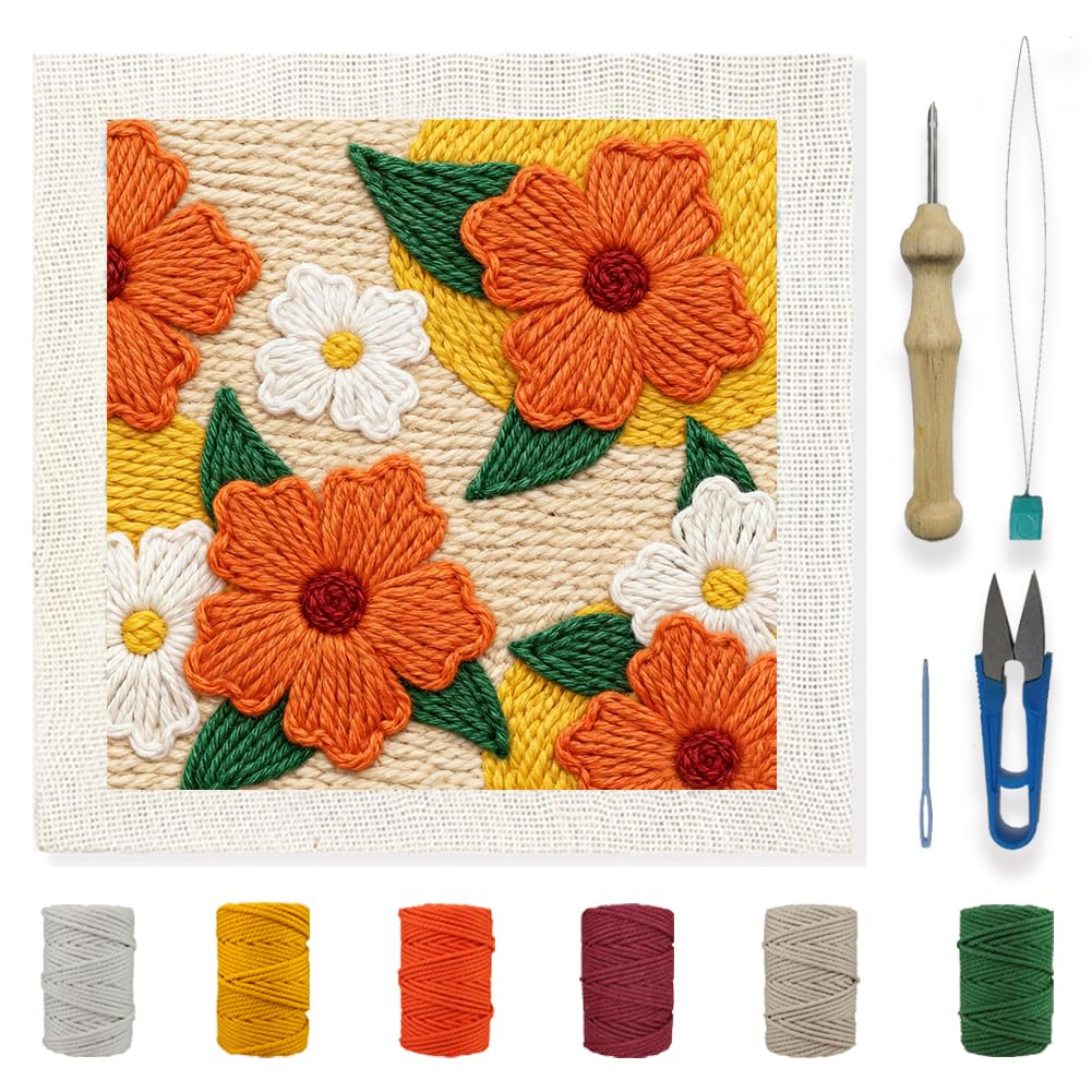 INFUNLY DIY Punch Needle Frame Kits Red Flowers Punch Needle Embroidery Set with Patterns 9.4x9.4 Handcraft Hooking Kit for Beginners with Yarn Fabric Festival Gift Craft Lovers Home Wall Decor