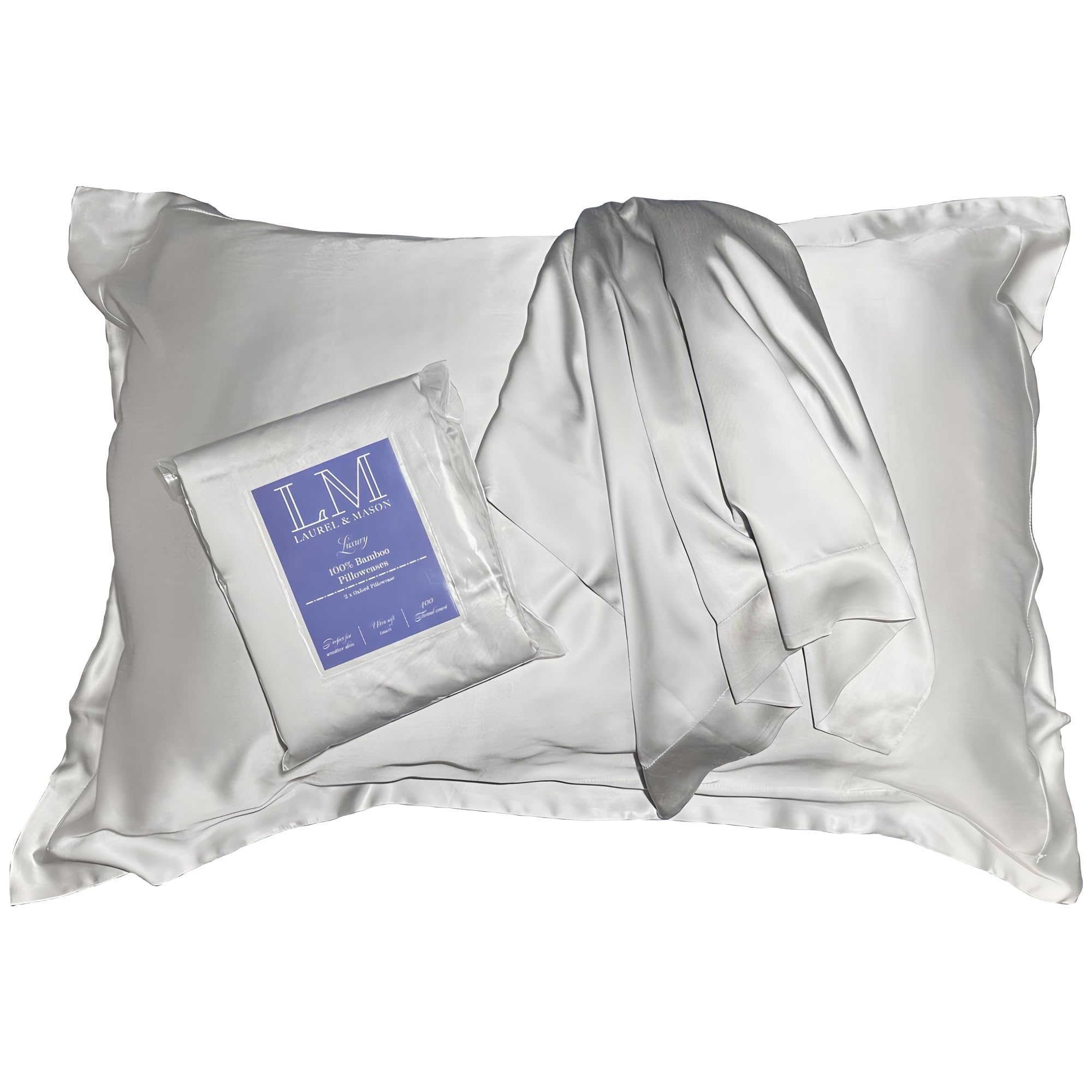 2 Pack 100% Bamboo Oxford Pillowcases, 400 Thread Count, Super Soft and Hypoallergenic, Standard Size 50x75cm with Envelope Closure (Light Grey)