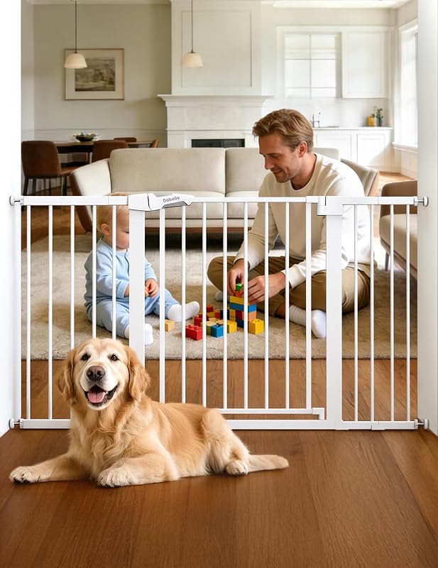 Babelio Puerta para bebé extra ancha de 29-55 pulgadas con puerta, PressGuard P7, blanco | Ganador del premio Mom's Choice, fácil instalación, montaje a presión, puertas metálicas para perros con cierre automático para puertas, sin perforación, 30 pulgadas de alto