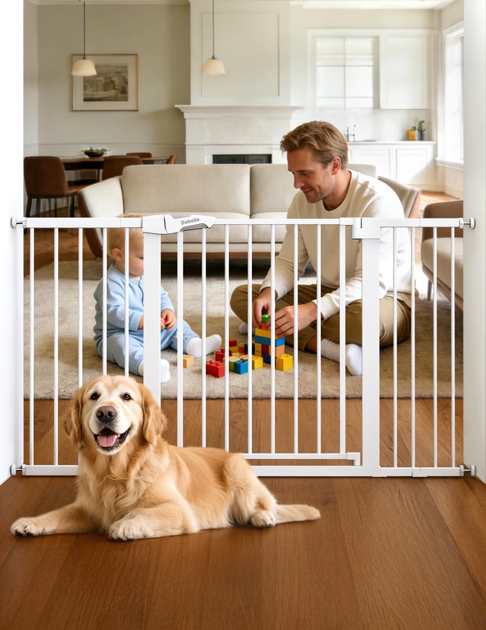 BABELIO Mom's Choice Award Winner- 29-55 Inch Extra Wide Baby Gate, Metal Dog Gate, Pressure Mounted Pet Gate for Stairs & Doorways, NO Tools Needed NO Drilling, with Y Threaded Spindle Rods, White