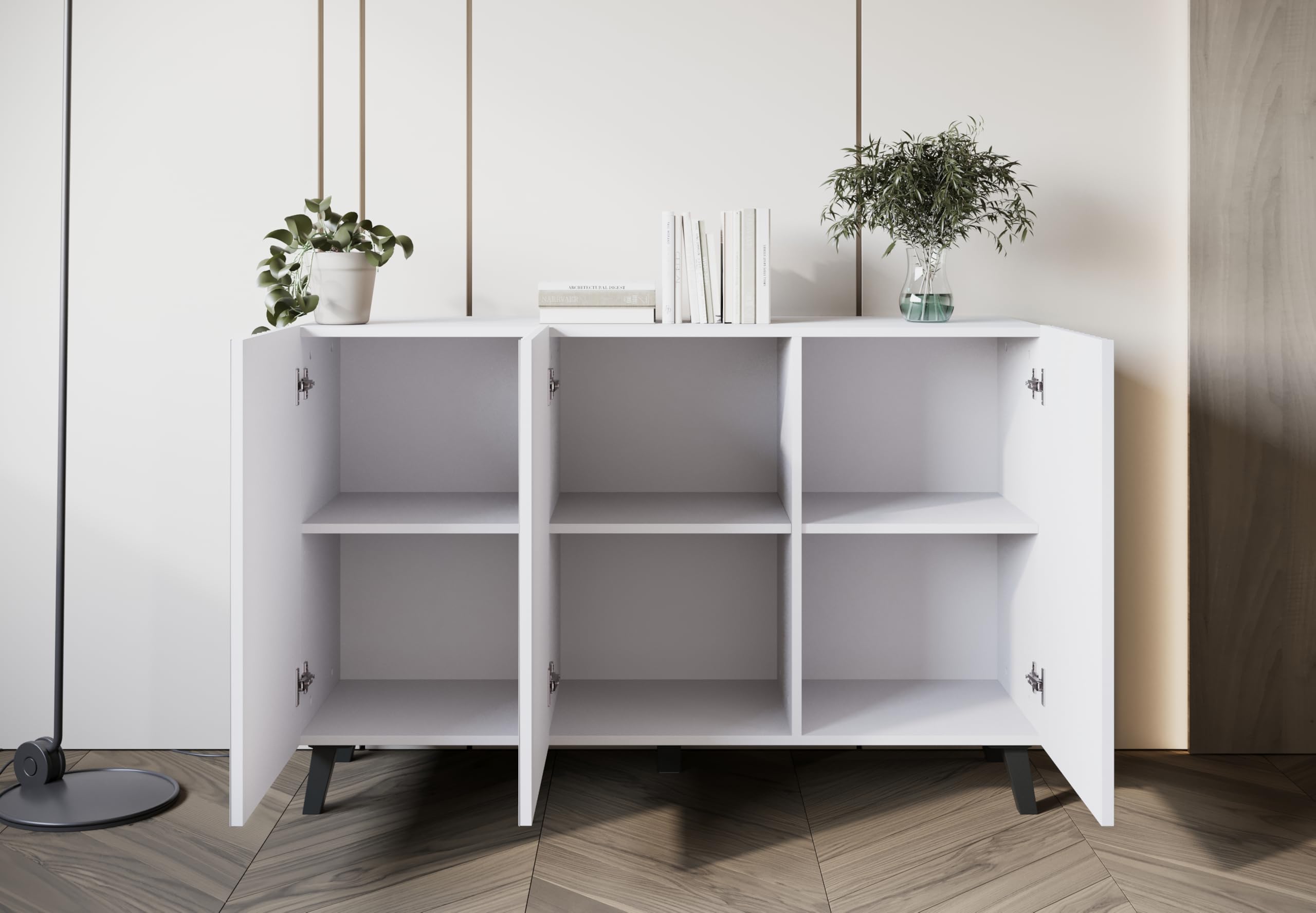 Phuket Sideboard 120 cm, Sideboard mit 3 Türen, Kommode mit Beinen, Wohnzimmermöbel, gewellte Fronten, weiß gewellt