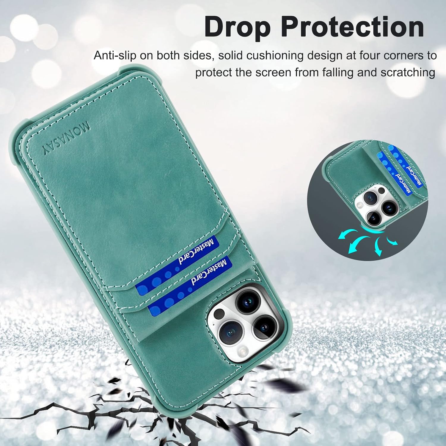 MONASAY Magsafe Wallet Case Compatible for iPhone 14 Pro Max 6.7 inch, [Wireless Charging] [Screen Protector] Magnetic Leather Phone Cover with Detachable RFID Blocking Card Holder, Light Green