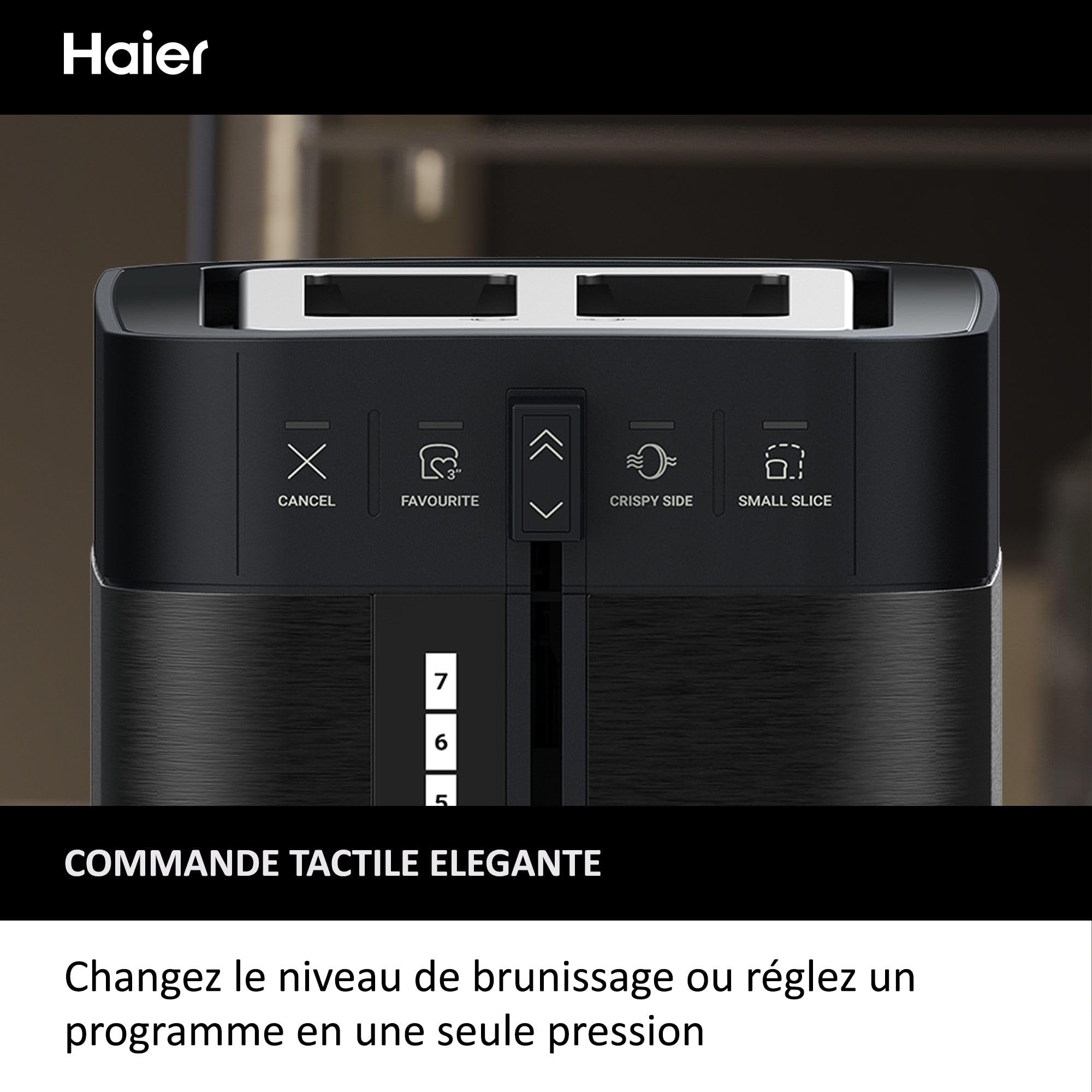 Haier I-Master Série 5 Grille-Pain, Acier Inoxydable, 2 Tranches avec Fentes Extra Profondes, Poignée de Levage pour Eviter les Brûlures, Couvercle Anti-Poussière, 7 Niveaux de Brunissage [Noir]