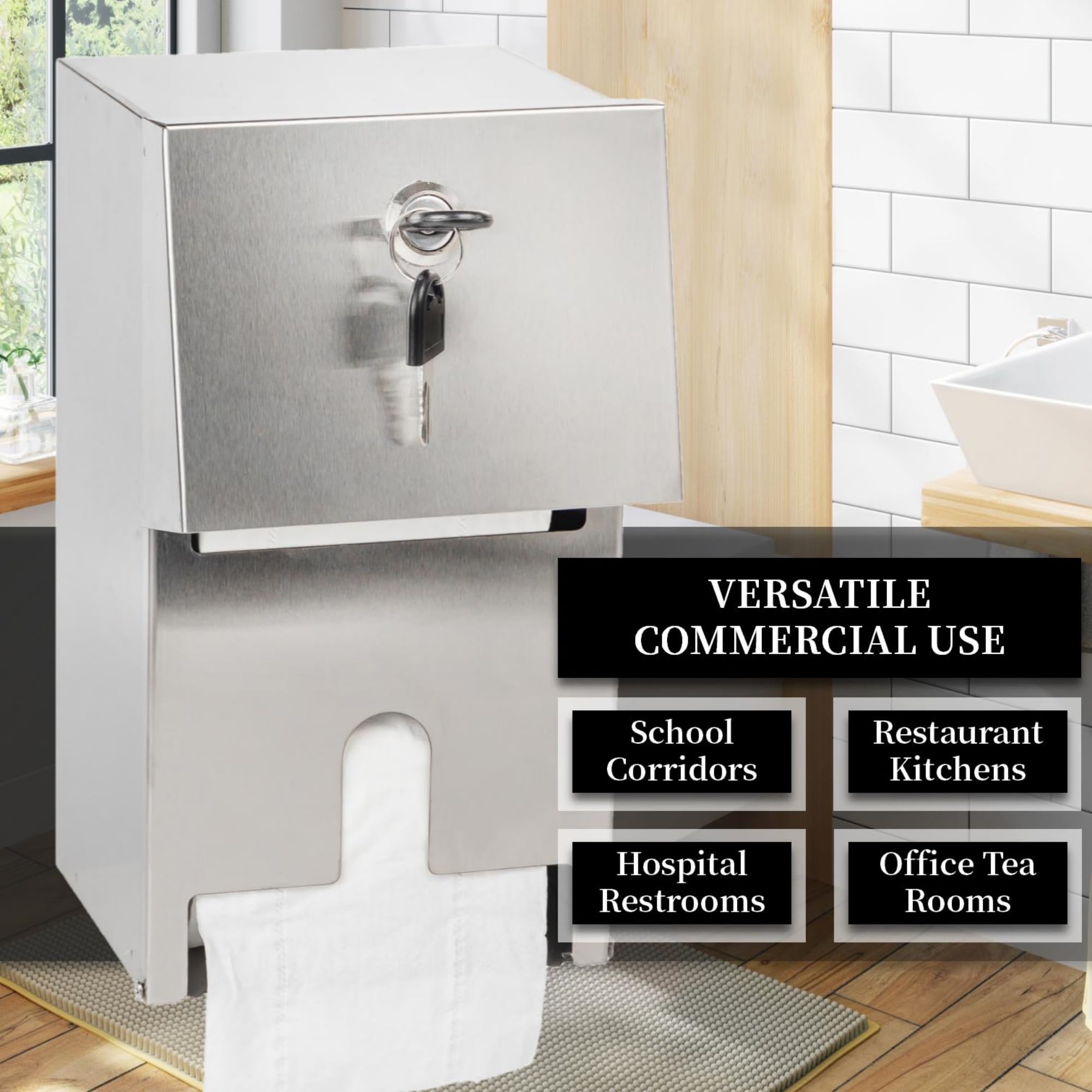 Dispensador de papel higiénico comercial, soporte de papel higiénico de doble rollo con cerradura, dispensador automático de toallas de papel de acero inoxidable resistente sin contacto con estante de