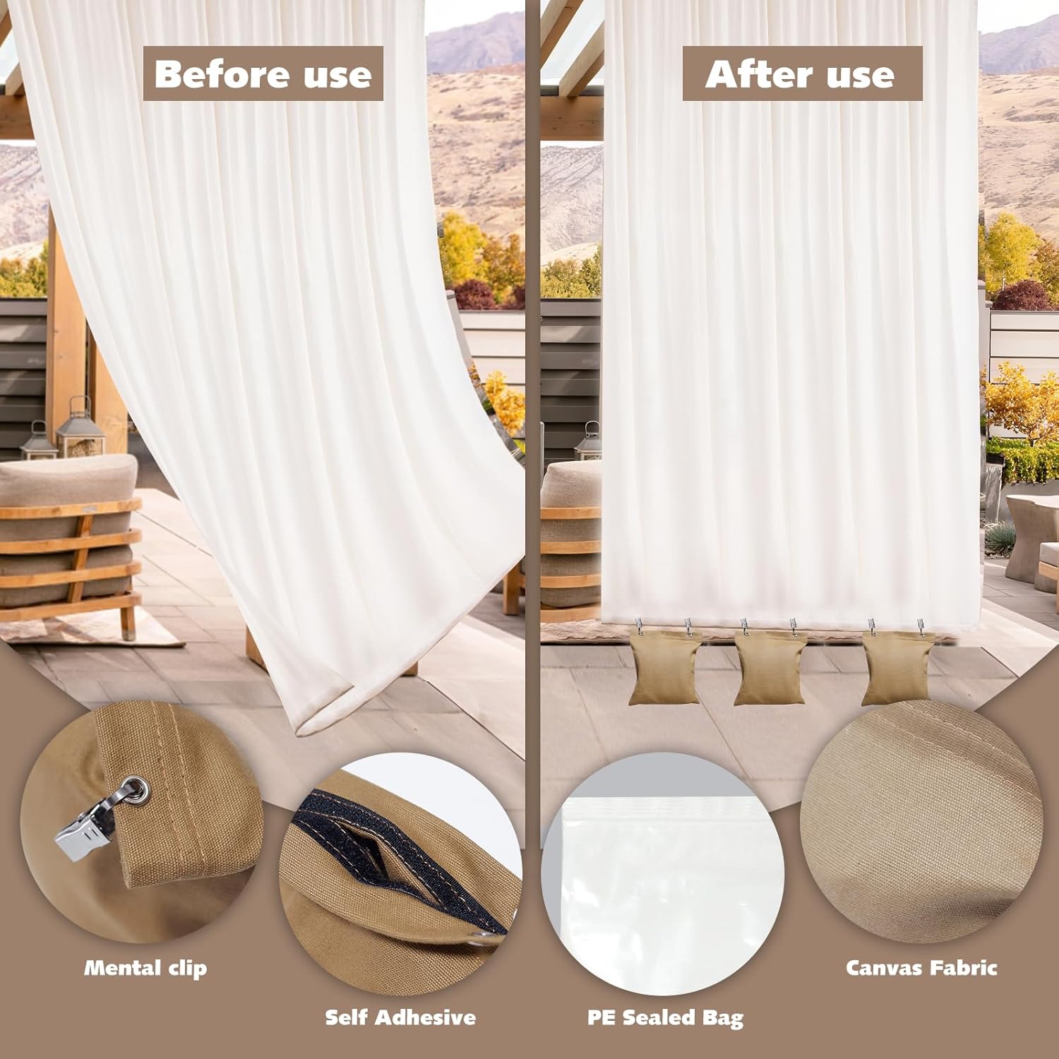 10 Pack Heavy Curtain Weights, 24oz Outdoor Curtain Weights Bag, Drapery Weighted Bottom Gazebo Weights Sandbag with Holder Clip for Heavy Wind Drapes Cabana Gazebo Pergola Garden (Khaki, 6" x 8")