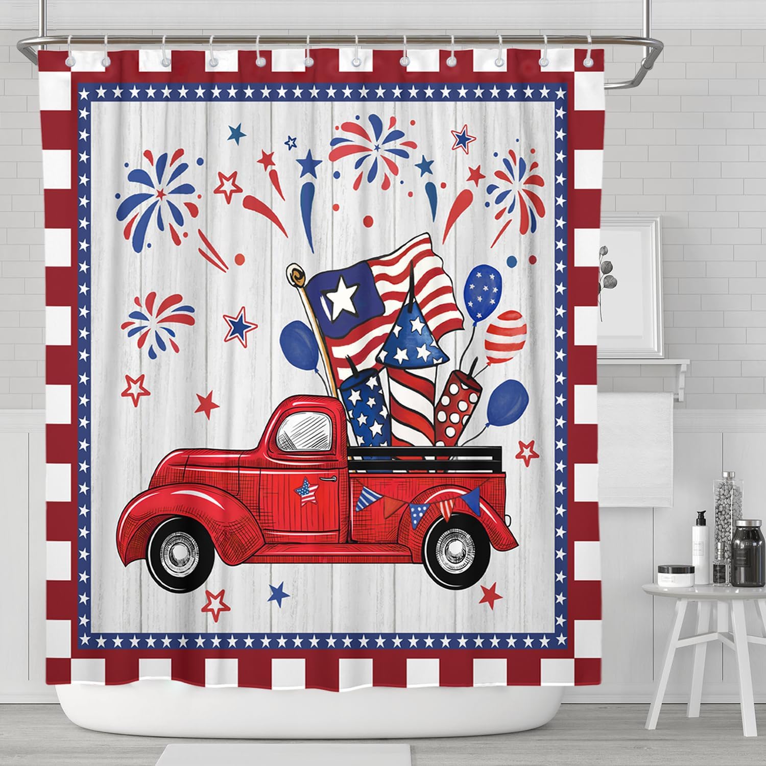 4th of July Shower Curtain American Patriotic Shower Curtain Independence Day Red White and Blue Waterproof Holiday Decorations Bathroom Curtain with Hooks 72"x72"