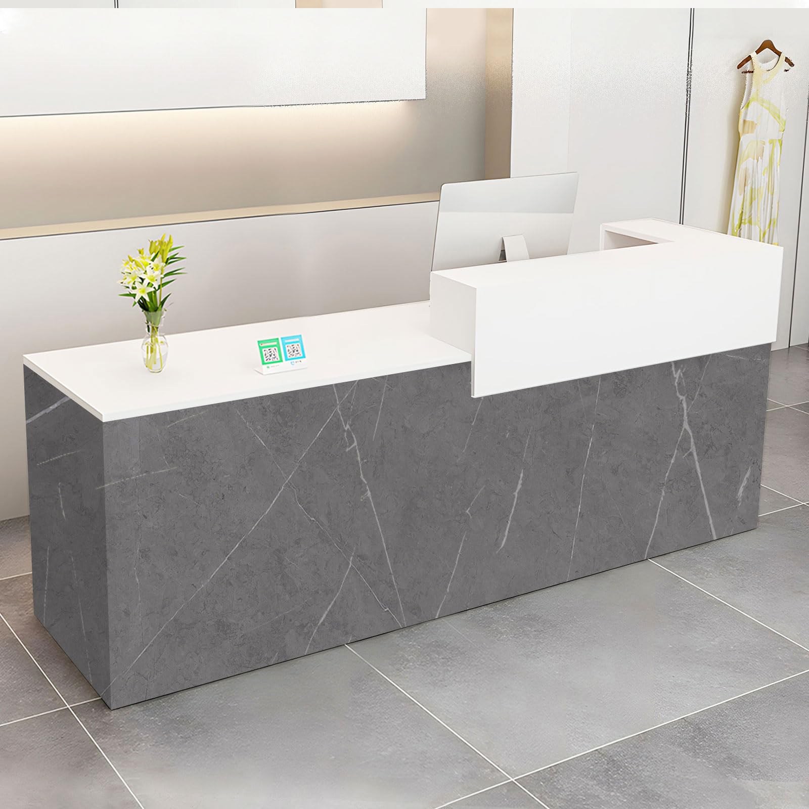 Bancone Reception con Cassetto e Ripiani Aperti, 100–240 cm Banco Reception Moderno per Uffici, adatto per Saloni, Hall e Negozi al Dettaglio