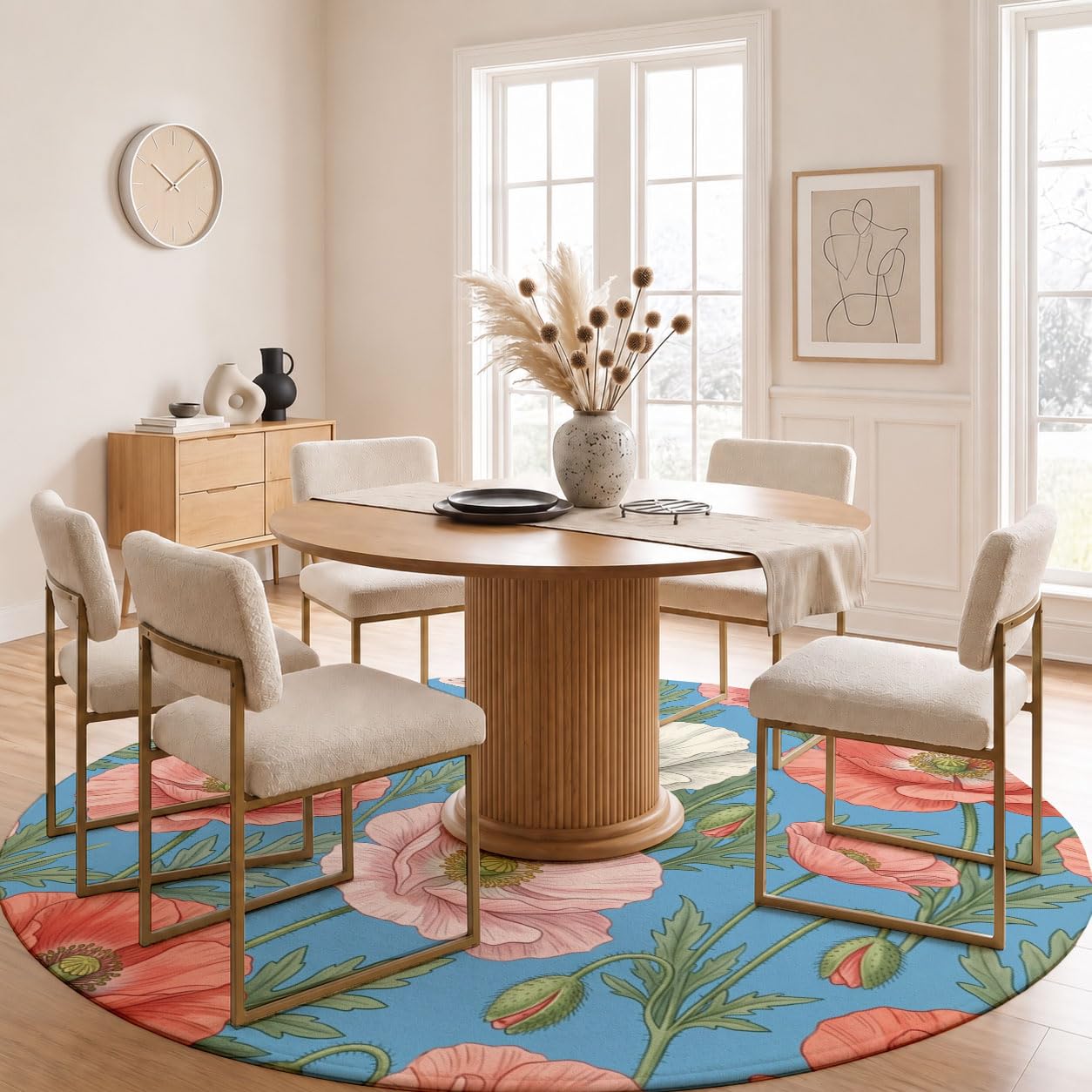 Tapis Rond Lavable Coquelicot Feuilles Vertes 100cm | Tapis Fleurs Fraîches Rétro Antidérapants Salon Lavable en Machine pour pour Salle à Manger, Entrée, Cuisine, Bleu
