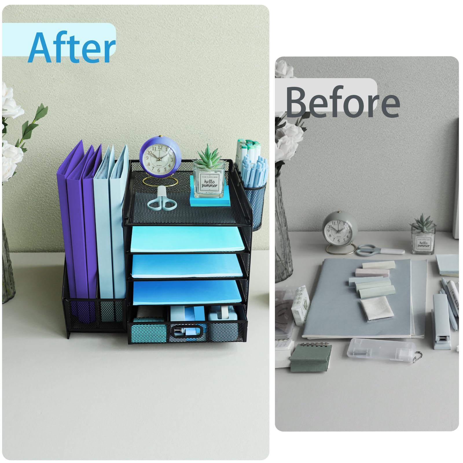 TSDRBWO Bureau-organizer, bestandshouder met 2 pennenhouder, 5-laags papieren brievenbak-organizer met lade, mesh-desktopopslag met tijdschriftenhouder voor kantoorbenodigdheden, hemelsblauw TSDRBWO Bureau-organizer, bestandshouder met 2 pennenhouder, 5-laags papieren brievenbak-organizer met lade, mesh-desktopopslag met tijdschriftenhouder voor kantoorbenodigdheden, hemelsblauw