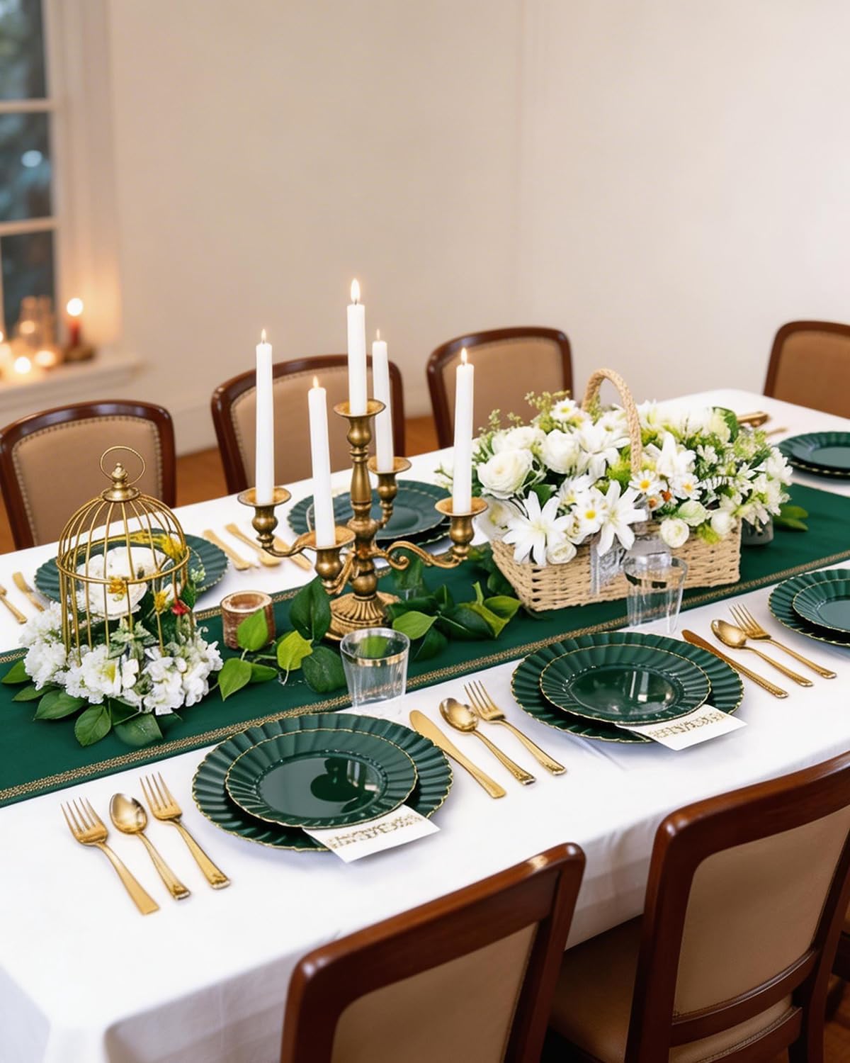  175PCS Green Scalloped Plastic Plates for Party Wedding | Green and Gold Disposable Dinnerware Set Include 50 Plates, 75 Gold Silverware, 25 Cups, 25 Napkins thumbnail