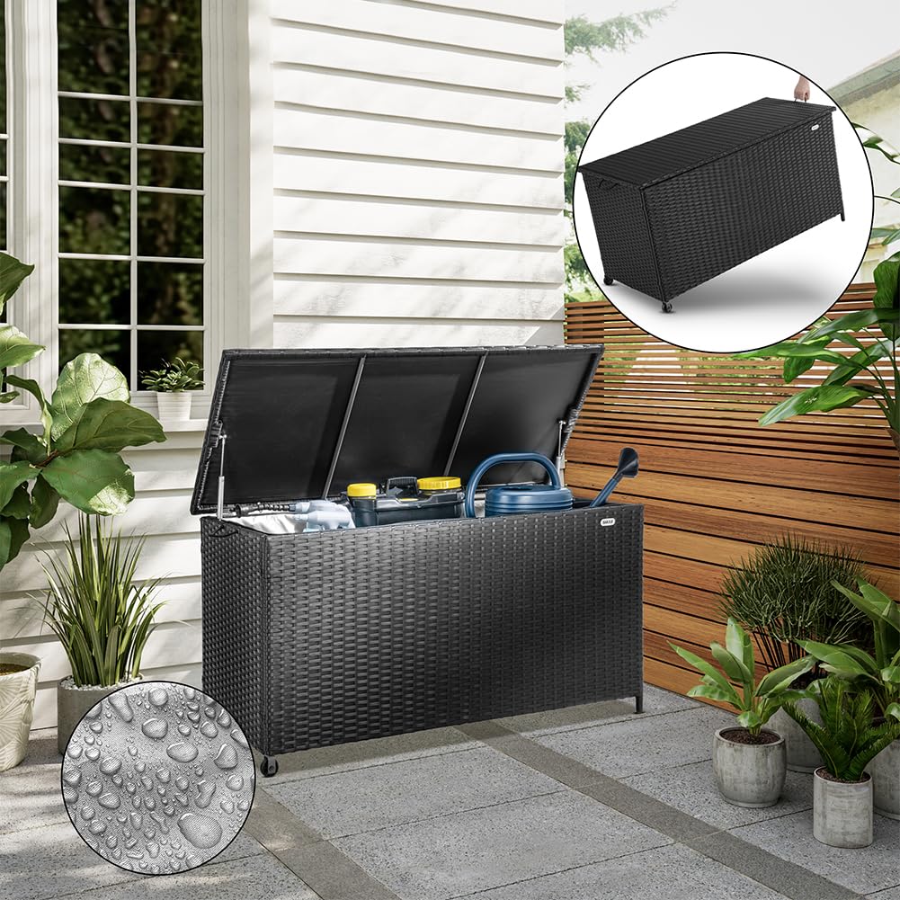 BAKAJI Baule Portaoggetti da Giardino in Polyrattan 420 Litri, Box da Esterno Impermeabile Resistente ai Raggi Uv, Cassapanca XXL con Ruote per Trasporto e Maniglia, 121 x 55 x 60 cm (Nero)