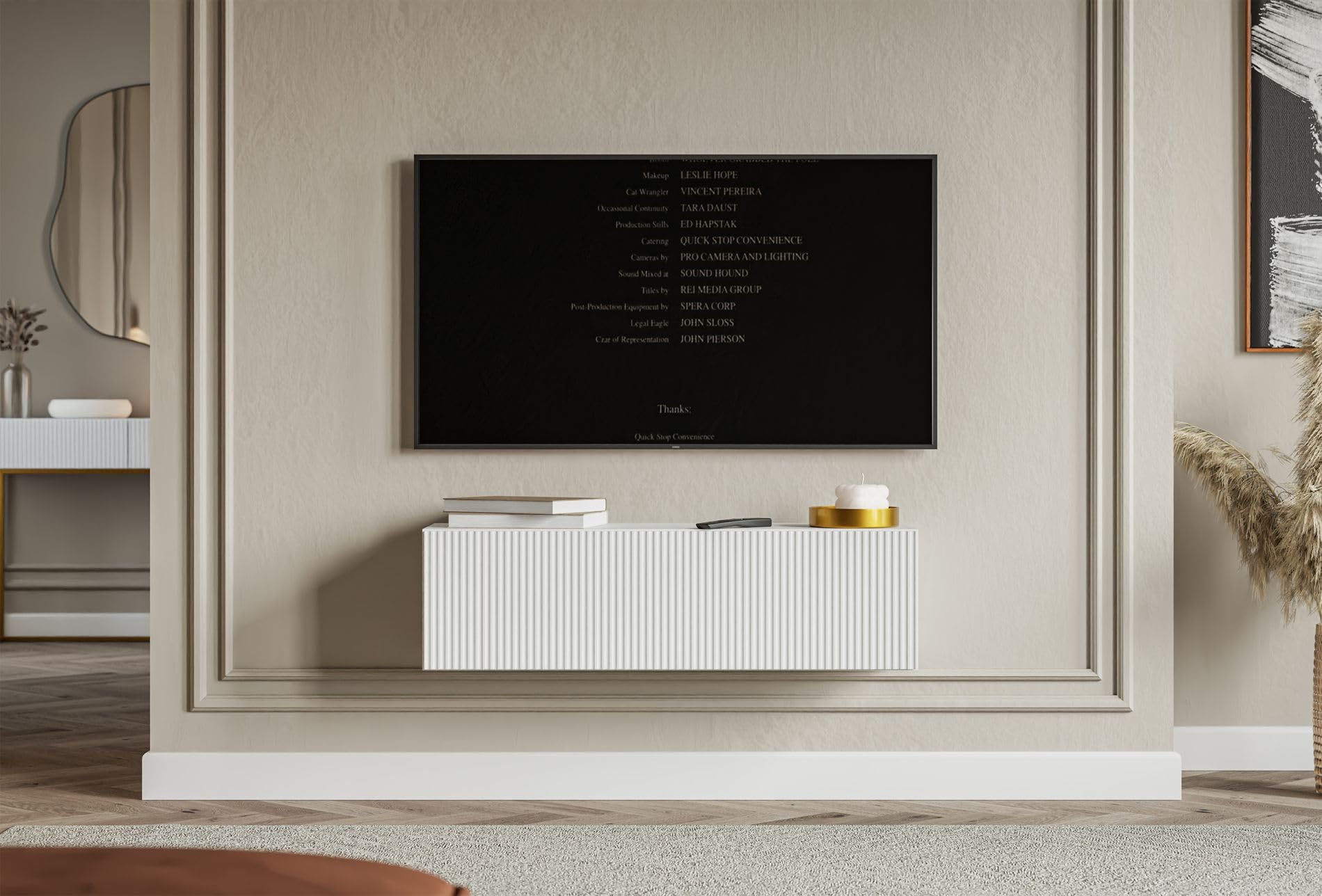 Selsey Meuble TV Suspendu 100 cm Blanc Mat Design Moderne – Rangement à 2 Compartiments Façade Rainurée Idéal Déco Élégante et Contemporaine Salon/Chambre Panneau Laminé/MDF Solide