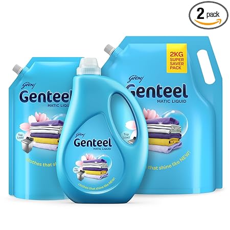 Genteel Matic Liquid Detergent Refill Pouch for Both Top load and Front load Washing - 2kg + 1kg Refill Pouch & 1kg Bottle | No Soda Formula | with Added Fabric Conditioner