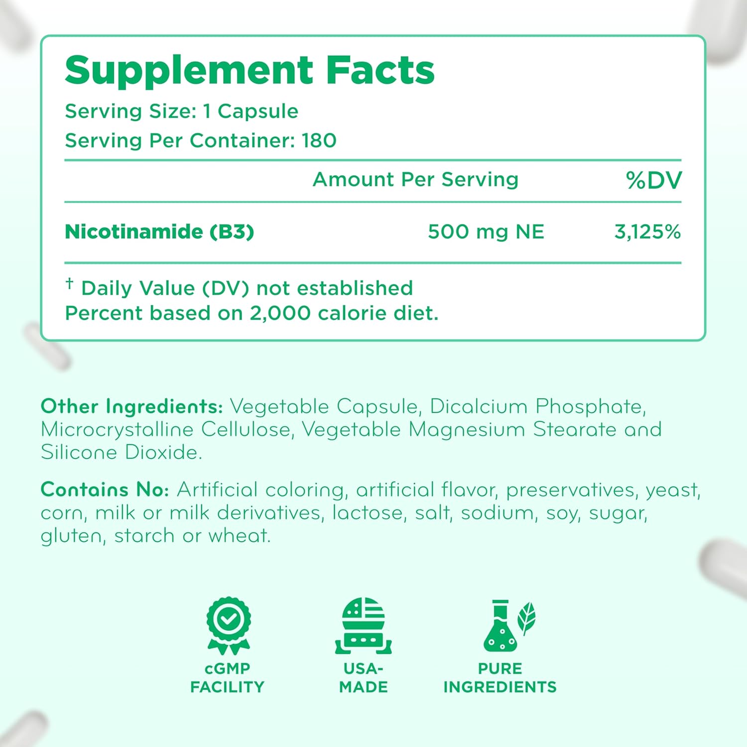 Vitamin B3 Nicotinamide 500mg - High Absorption Form of Vitamin B3 Niacin Flush Free for Hear Skin Brain and Energy Support - NAD Precursor - Made in a cGMP American Facility (180 Servings) - Image 8