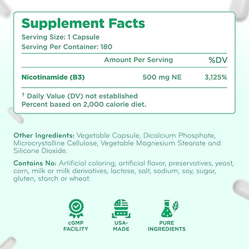 Miniatura 8 de ClearFormulas Nicotinamida 500mg (180 cápsulas vegetales) Vitamina B3