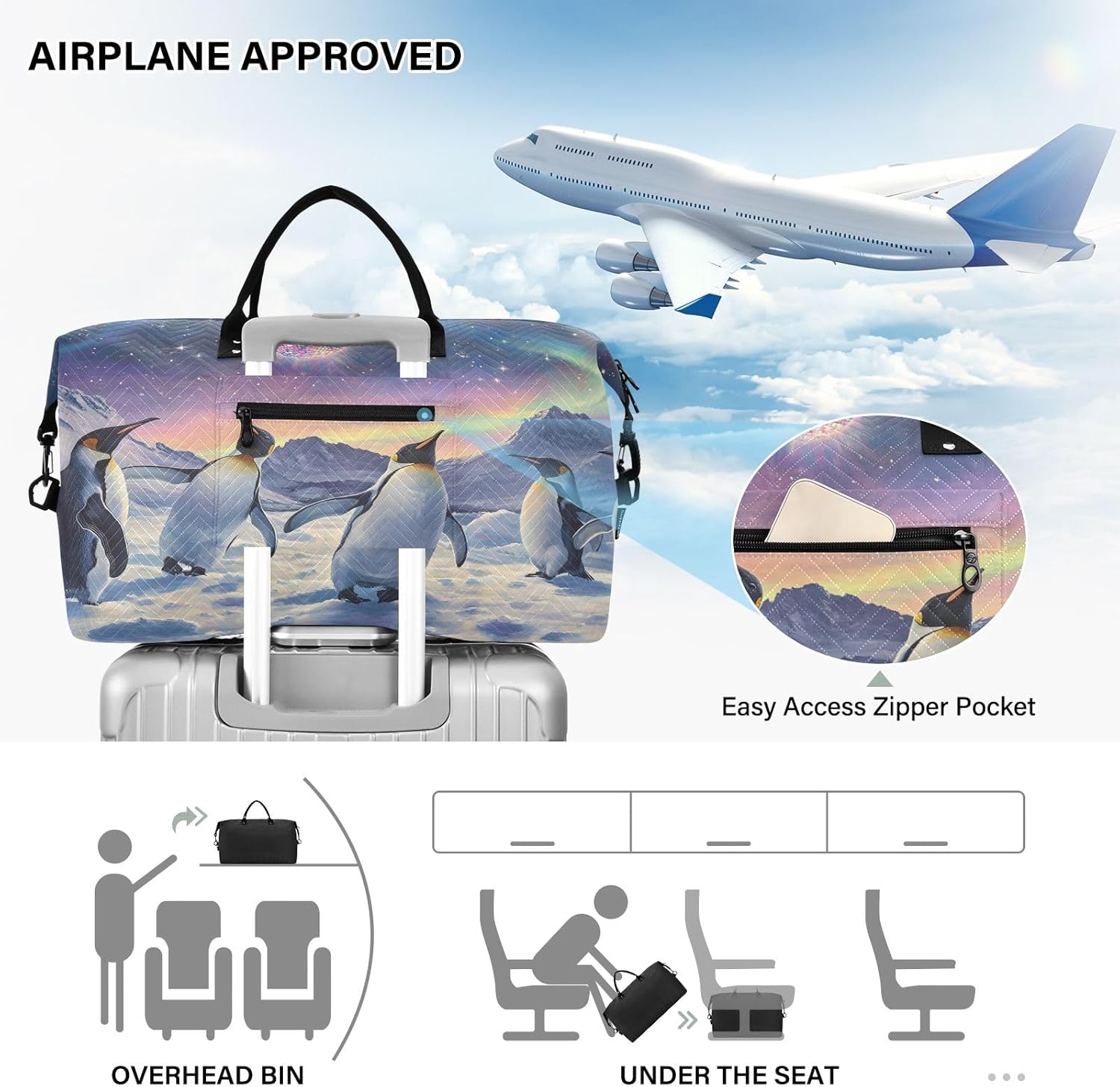 Weekender Bags Travel Duffel Gym Bag Cute Bear Seamless Pattern Carry on Overnight Tote Bag with Toiletry Bag for Airplane Travel Trip Gym Yoga (Penguin)