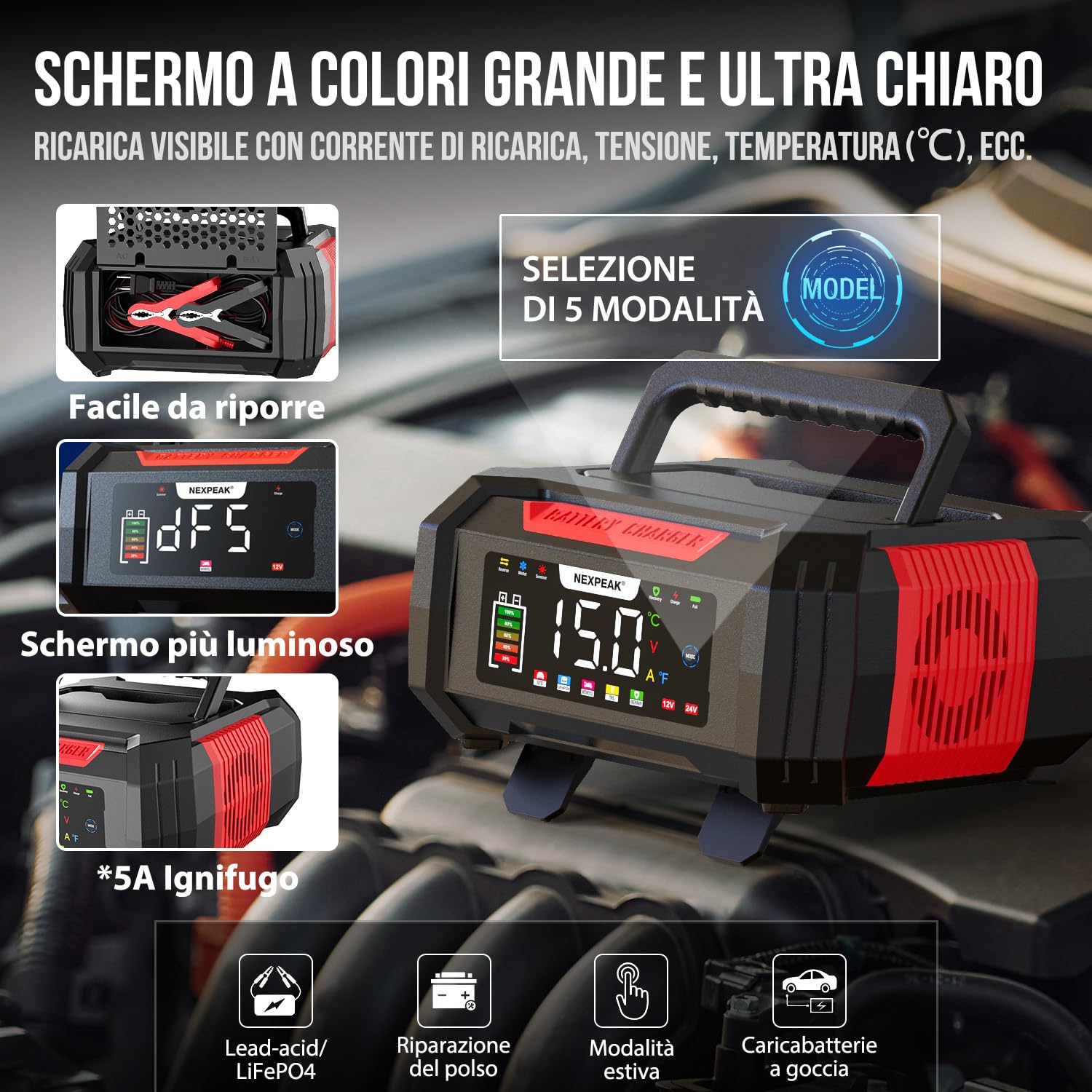Caricabatterie Intelligente 12V 24V 0-15A Per Batterie Al Piombo - Manutenzione Automatica Con Riparazione E Modalità Invernale/Estate - 4