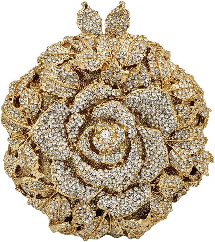 Boutique De FGG Mini Round Flower Crystal Clutch Purses for Women,Formal Evening Bags,Rose Wedding Clutch Bag Party Handbags