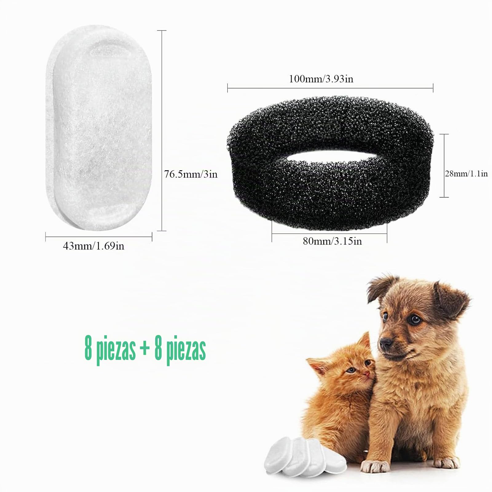 16 Filtros de Fuente de Agua para Gatos, Paquete de 8 Filtros de Fuente para Gatos de Repuesto con 8 Esponjas, para Dispensador de Agua de Acero Inoxidable para Mascotas de 2L/3.2L