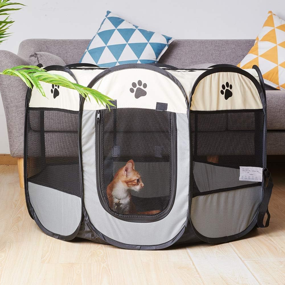 XhuangTech Soft Fabric Portable Foldable Pet Dog Cat Playpen, Exercise Kennel Dogs Cats for Indoor/Outdoor Use, Water Resistant Removable Mesh Shade Cover D40 x H23 inch(Grey)