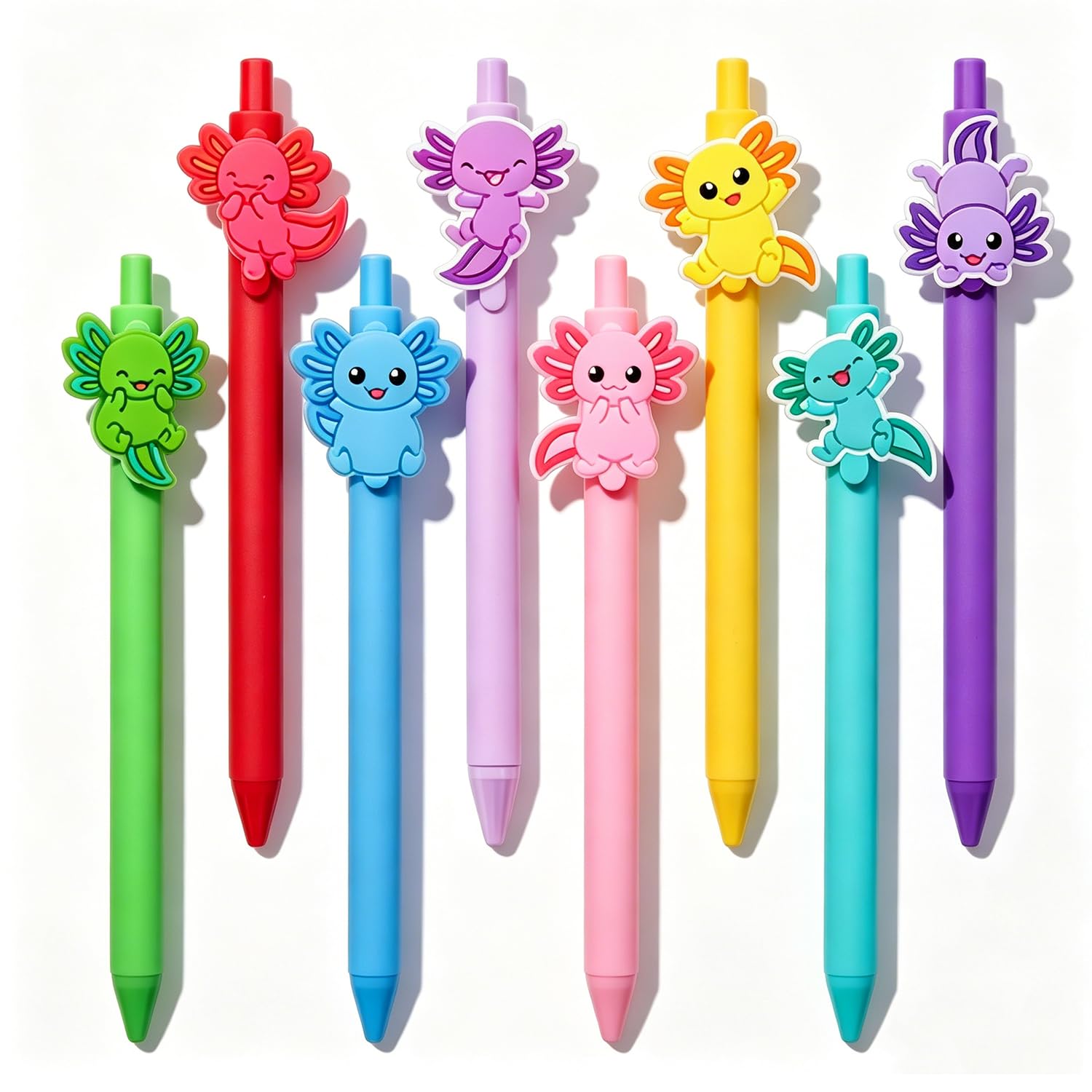 Vixano 8 Pcs Axolotl Ballpoint Pens Set, Black Ink Ballpoint Pens Multipack with Soft PVC Toppers, Biro Pens School Office Supplies, Axolotl Gifts for Animal Lovers, Kids Students