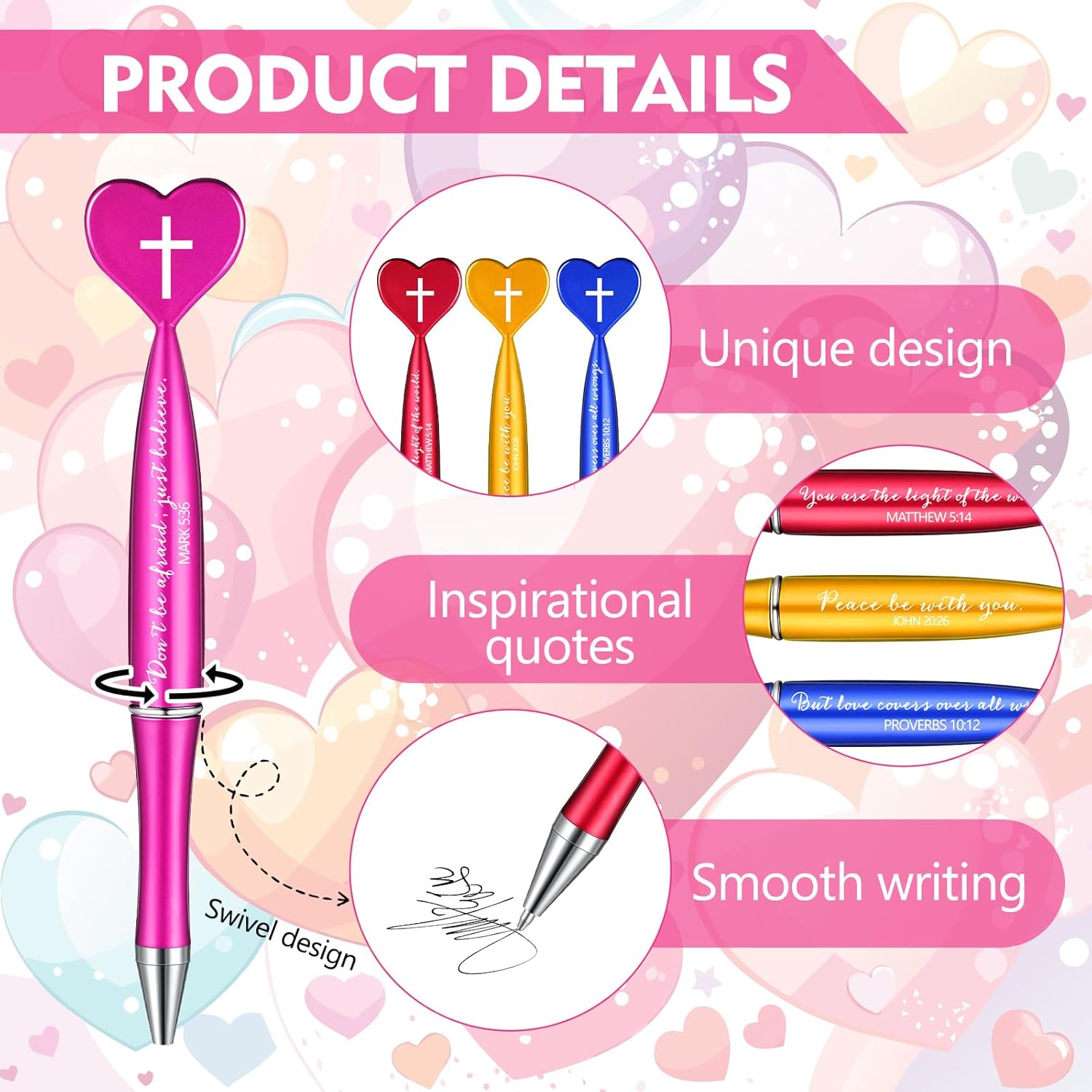Sayglossy 120 Pcs Christian Gifts Pens Bulk Motivational Bible Verse Quote Heart Shaped Motivational Ballpoint Pens for Church 6 Colors