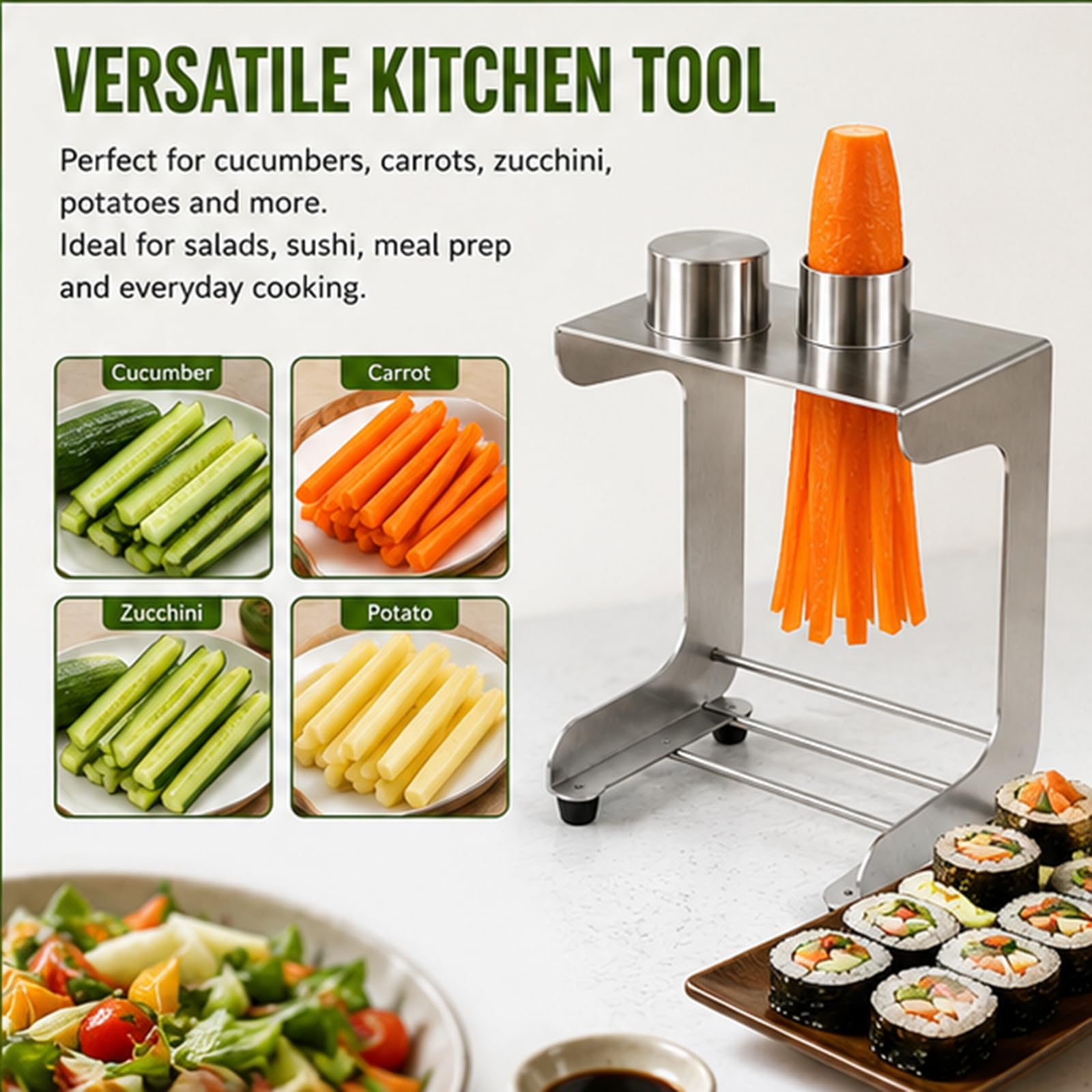 Cortador de pepino, cortador manual de tiras de verduras con 3 cuchillas (corte 8/10/12), 45 mm de diámetro, herramienta de acero inoxidable para sushi, ensalada, preparación de comidas