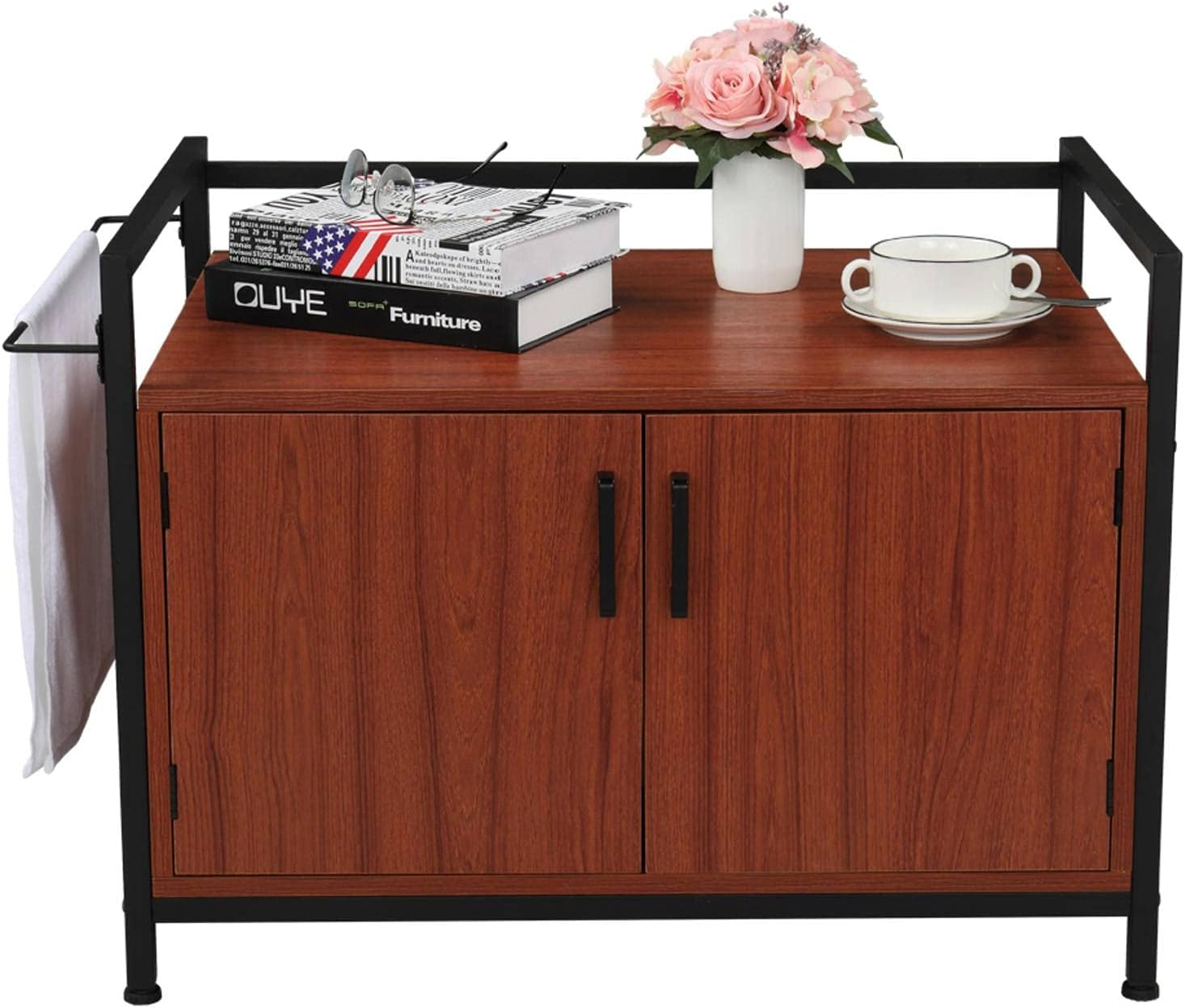 FCH Cat Litter Box Enclosure Multi-Functional Two Doors Cat House Decorative Cat House Side Table Furniture Privacy Cat Hidden Washroom Cat Home Indoor Red Brown