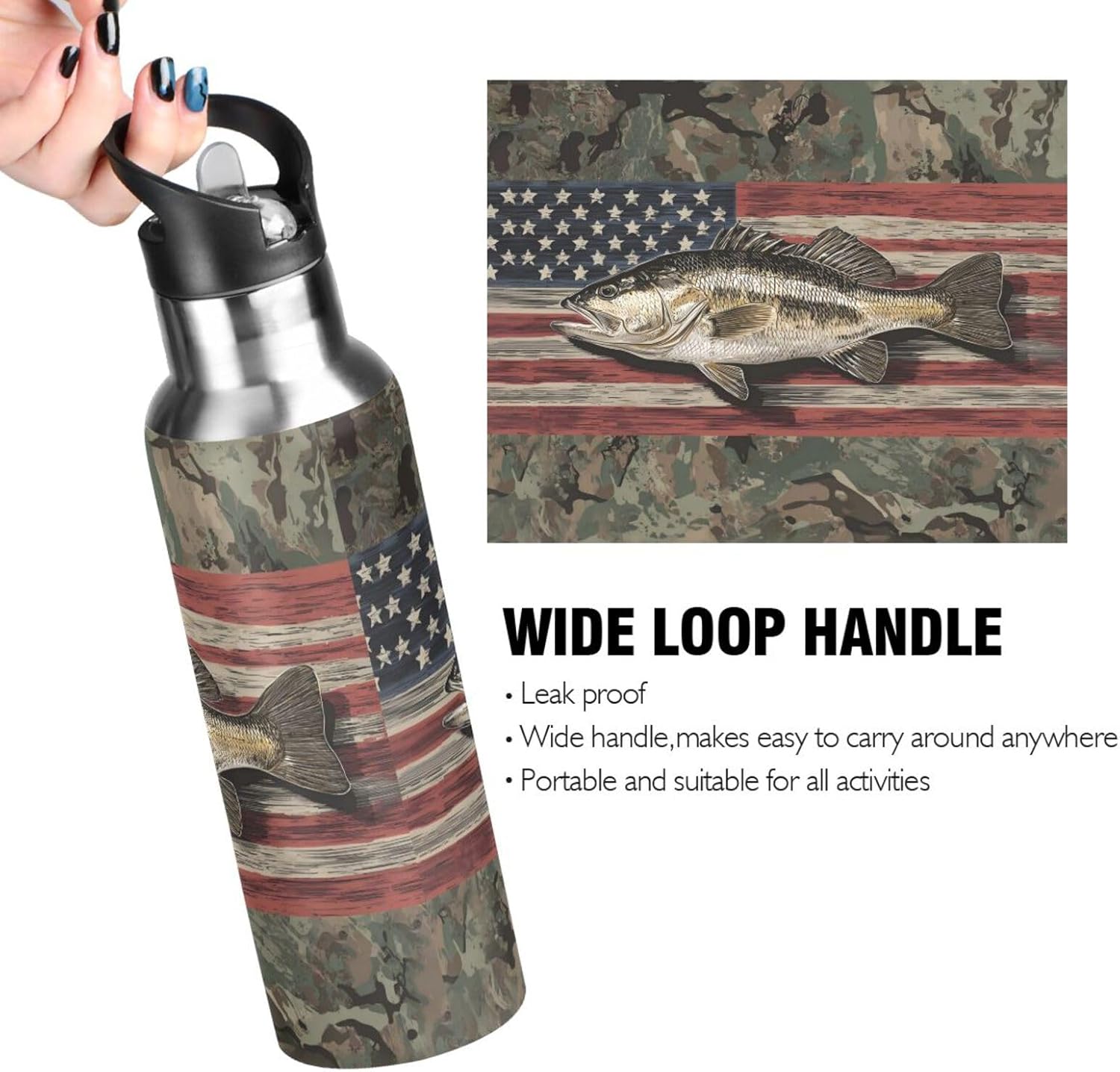 Camo Fish Insulated Sports Water Bottles Stainless Steel Hot Cold Water Flask Leak-Proof with Straw Lid for Sports Gym Running 20 Oz