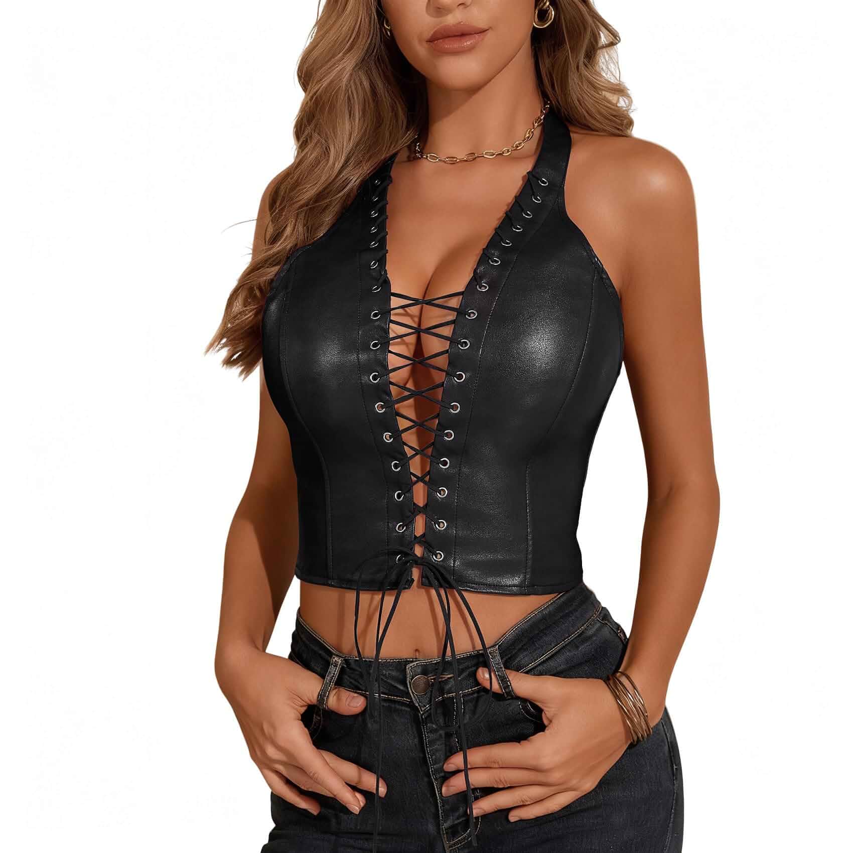 Waist Wow Women's PU Leather Halter Top Lace Up Front Crop Tank Tops Sleeveless Backless Sexy Corset Camisole Party Clubwear