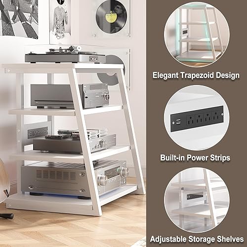 Vista 55 de Armocity Soporte multimedia AV de 4 niveles con regletas de alimentación, soporte estéreo con luces LED, torre de audio en rack con estantes