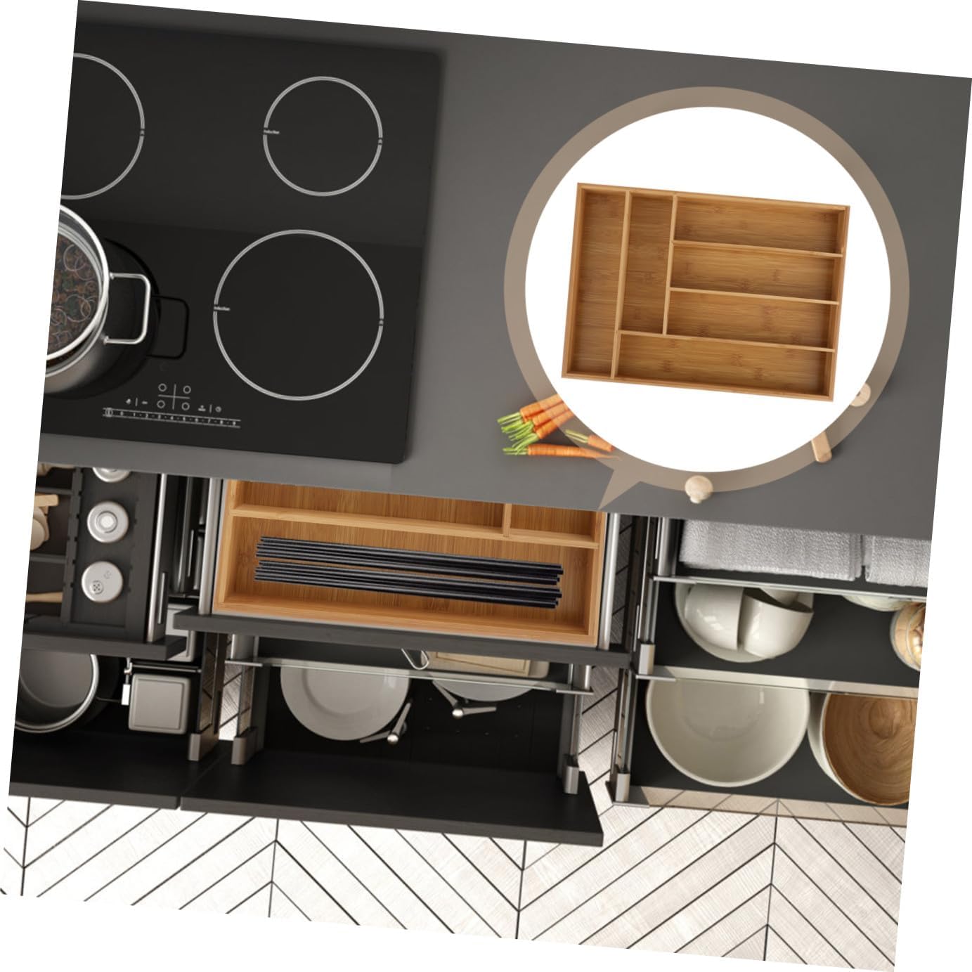 VILLCASE Cutlery Storage Organizer Tray, 6-compartment Drawer Tableware Case for Kitchen Utensils and Silverware Organization