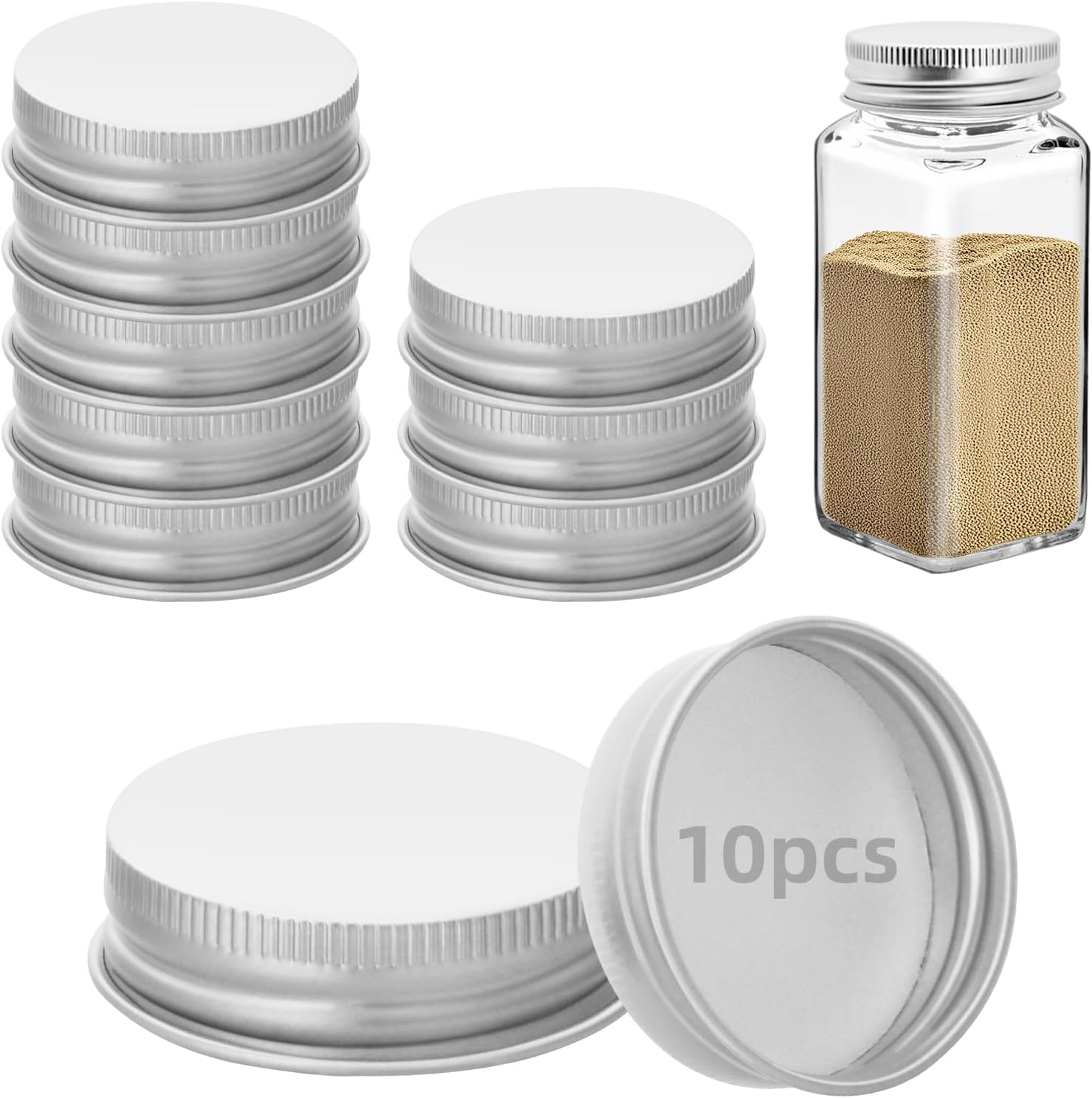 10Pcs Square Spice Jar Lids for 4 oz and 6 oz Square Spice Jars, Reusable Airtight Spice Storage Canning Lids for Kitchen Seasoning Containers (Jars Not Included) (Silver iron Lids)