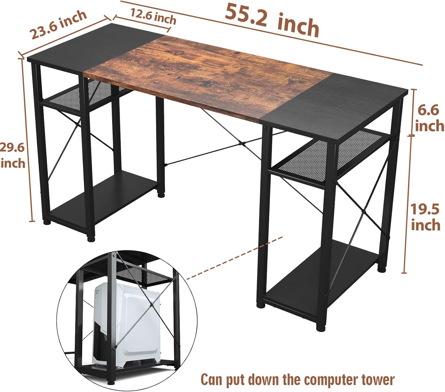 Super Deal Product Foxemart Computer Desk with Storage Shelves, 55 Sturdy Office Desk with CPU Stand, Industrial Desk Study Writing Table for Home Office, Vintage Rustic Brown and Black
