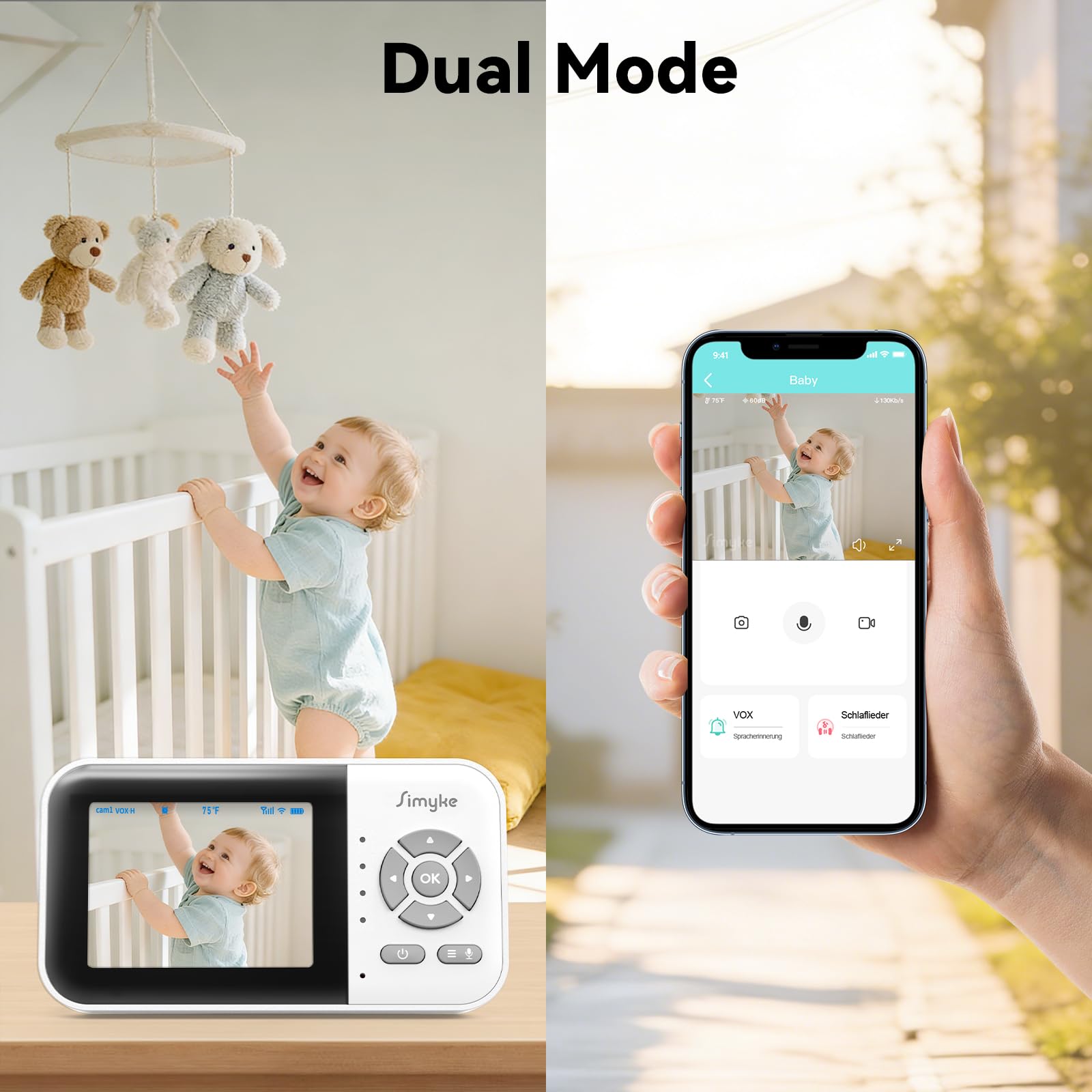 Simyke Baby monitor con fotocamera e schermo da 2,8 pollici, telecamera per bambini senza WiFi con modalità conversazione a 2 vie e VOX, visione notturna e sensore di temperatura, video baby monitor