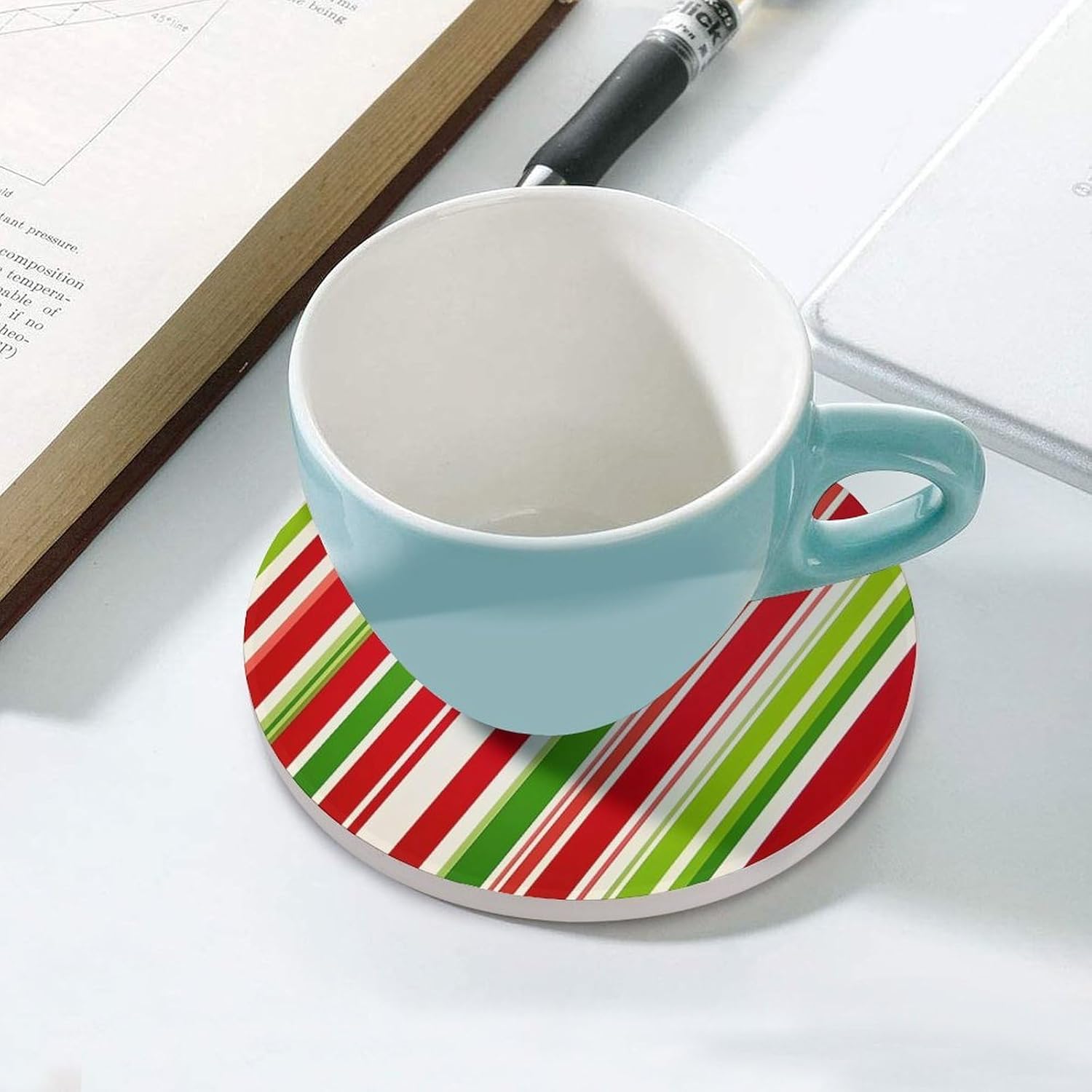 Red Green Striped Pattern Round Ceramic Coasters Print Drinks Absorbent with Cork Base for Home Decor Gifts 4 Inch