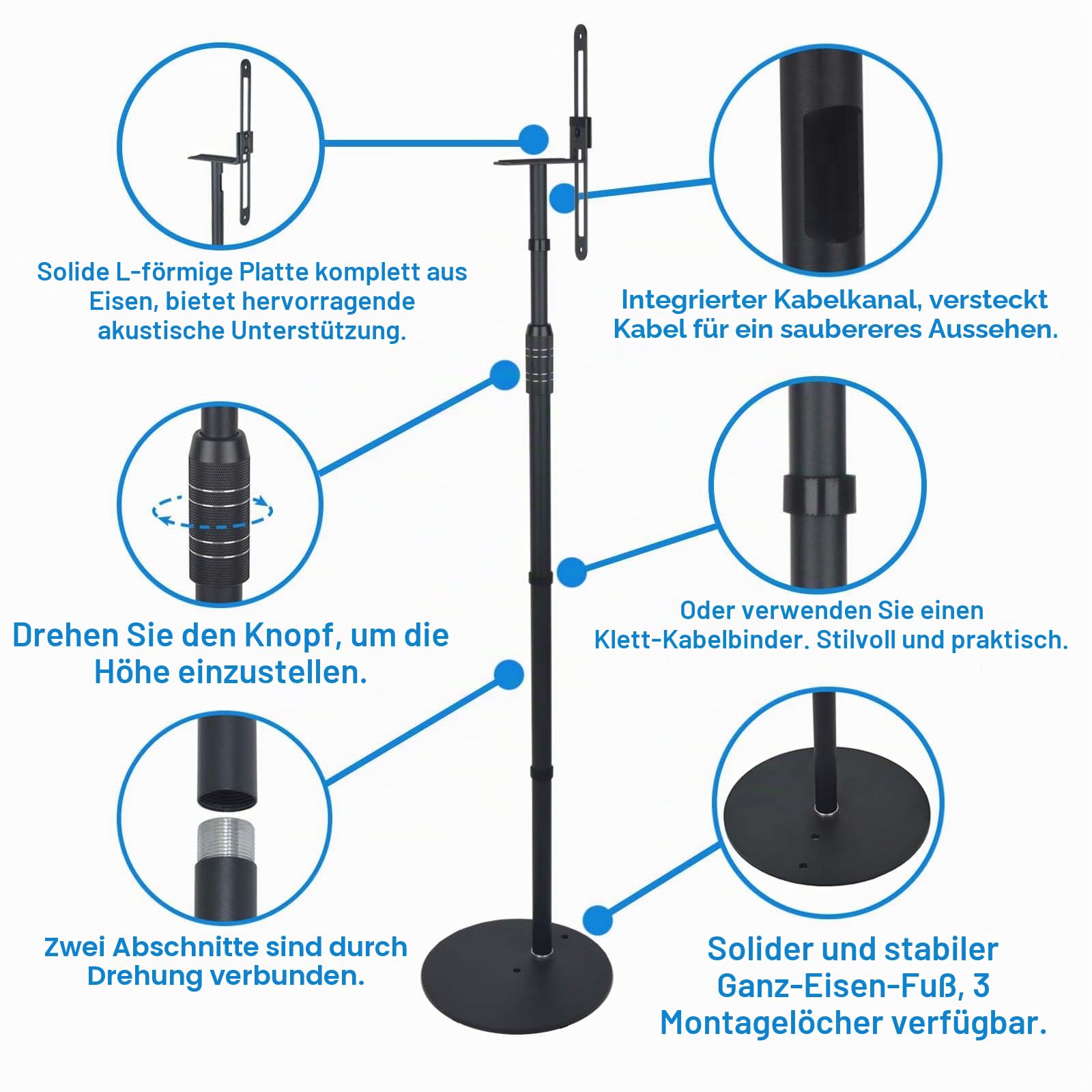 Höhenverstellbarer Lautsprecherständer für Satelliten- & Kleine Lautsprecher, 84-122cm Verstellbereich, Bis 8,8 Pfund Traglast, Einfache Montage, HD-718, 2er-Pack Schwarz