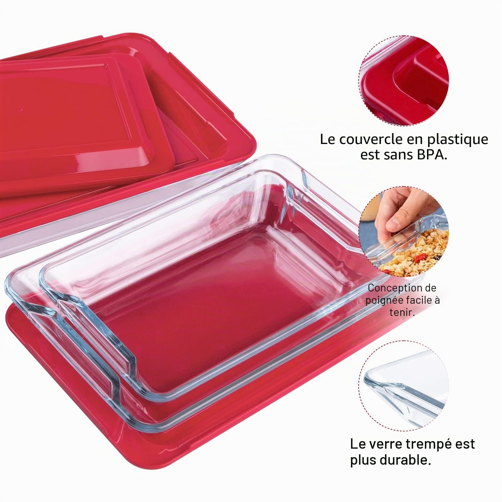 Lot de 3 Plats à Four en Verre, Plat à Lasagne Rectangulaire Plat à Rôtir Cocotte en verre trempé avec couvercle Plat à four en verre pour four, congélateur et lave-vaisselle (1L+1.5L+2.5L+3.8L)